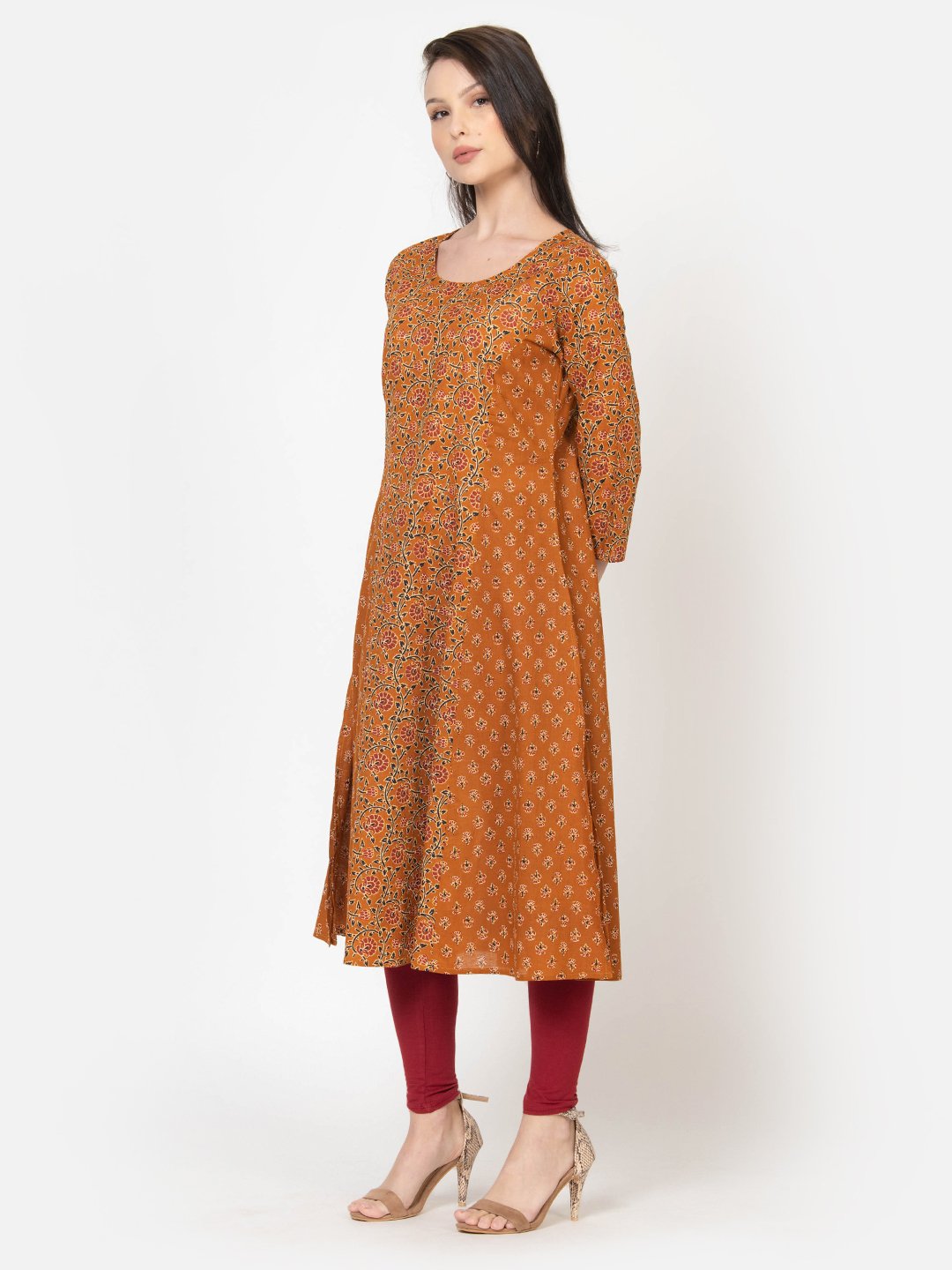 WOMEN'S OCHRE AND MUSTARD A- LINE KALI KURTA