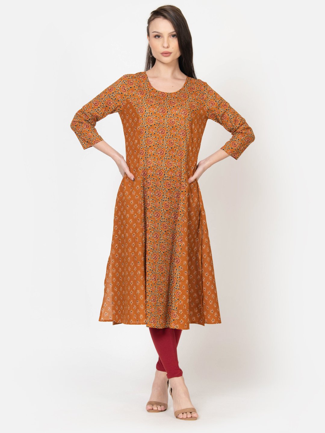 WOMEN'S OCHRE AND MUSTARD A- LINE KALI KURTA