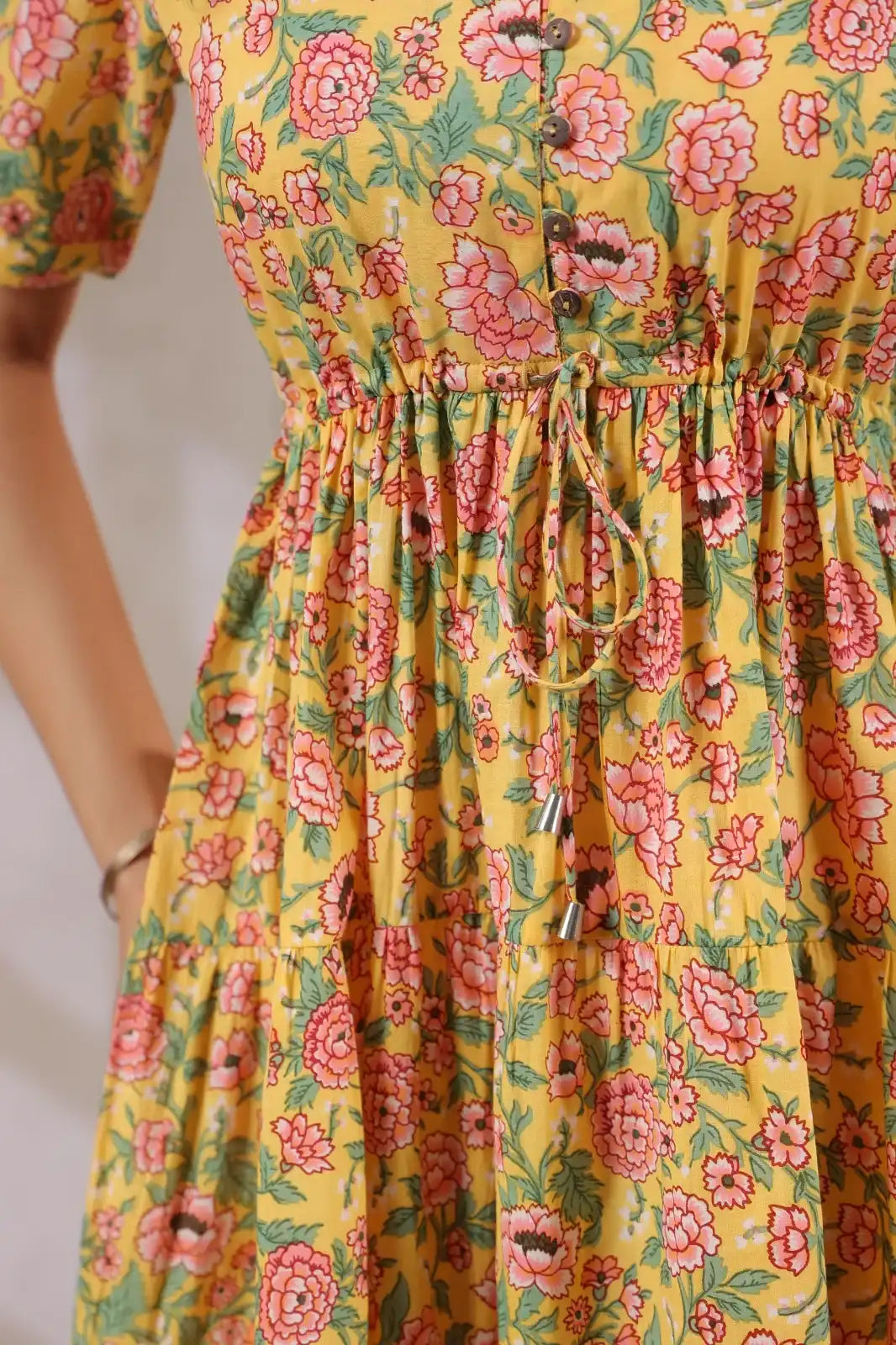 YellowFloralCottonMidiDress-FabricClose - VyomTara