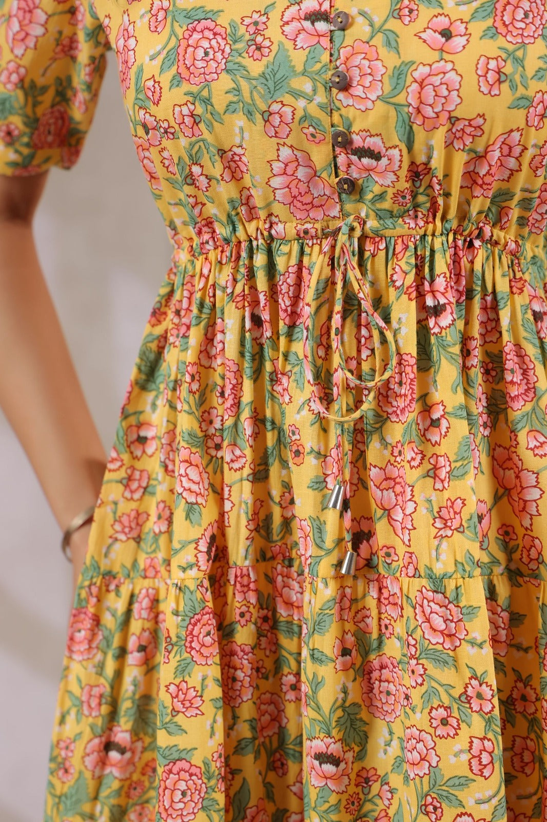 YellowFloralCottonMidiDress-FabricClose - VyomTara