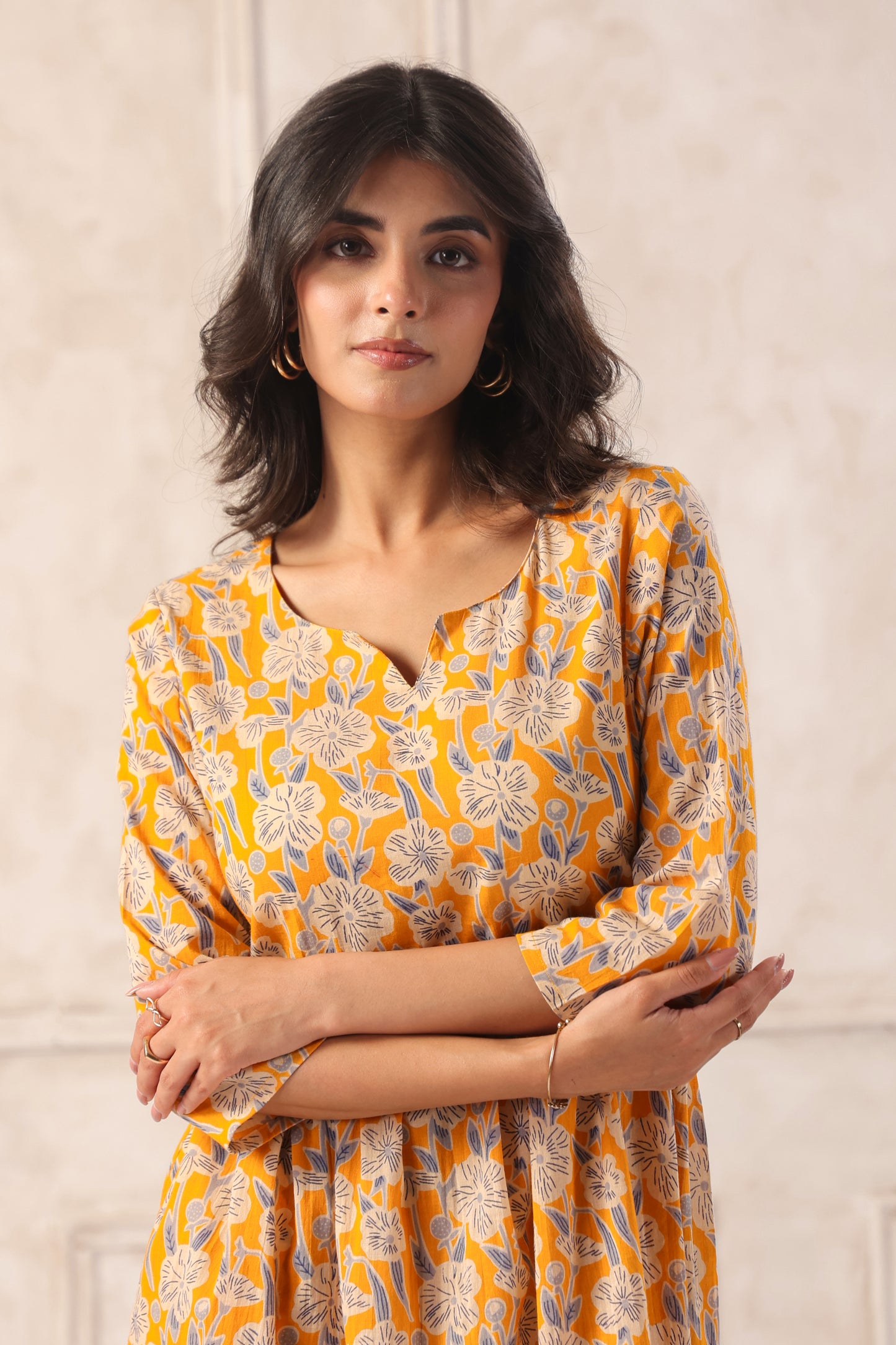 YellowFloralMidiDressforWomen-closeup - VyomTara