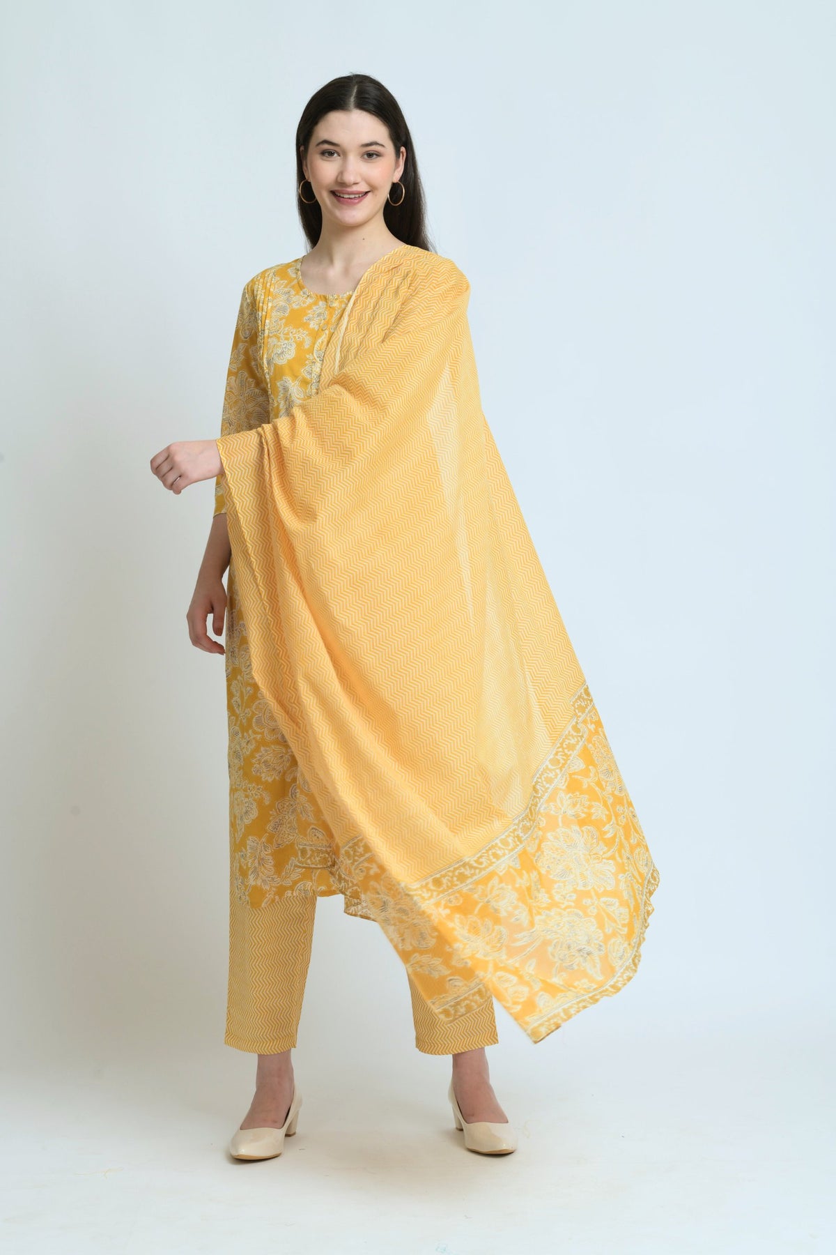 Yellow cotton kurta set with floral print and matching dupatta for women