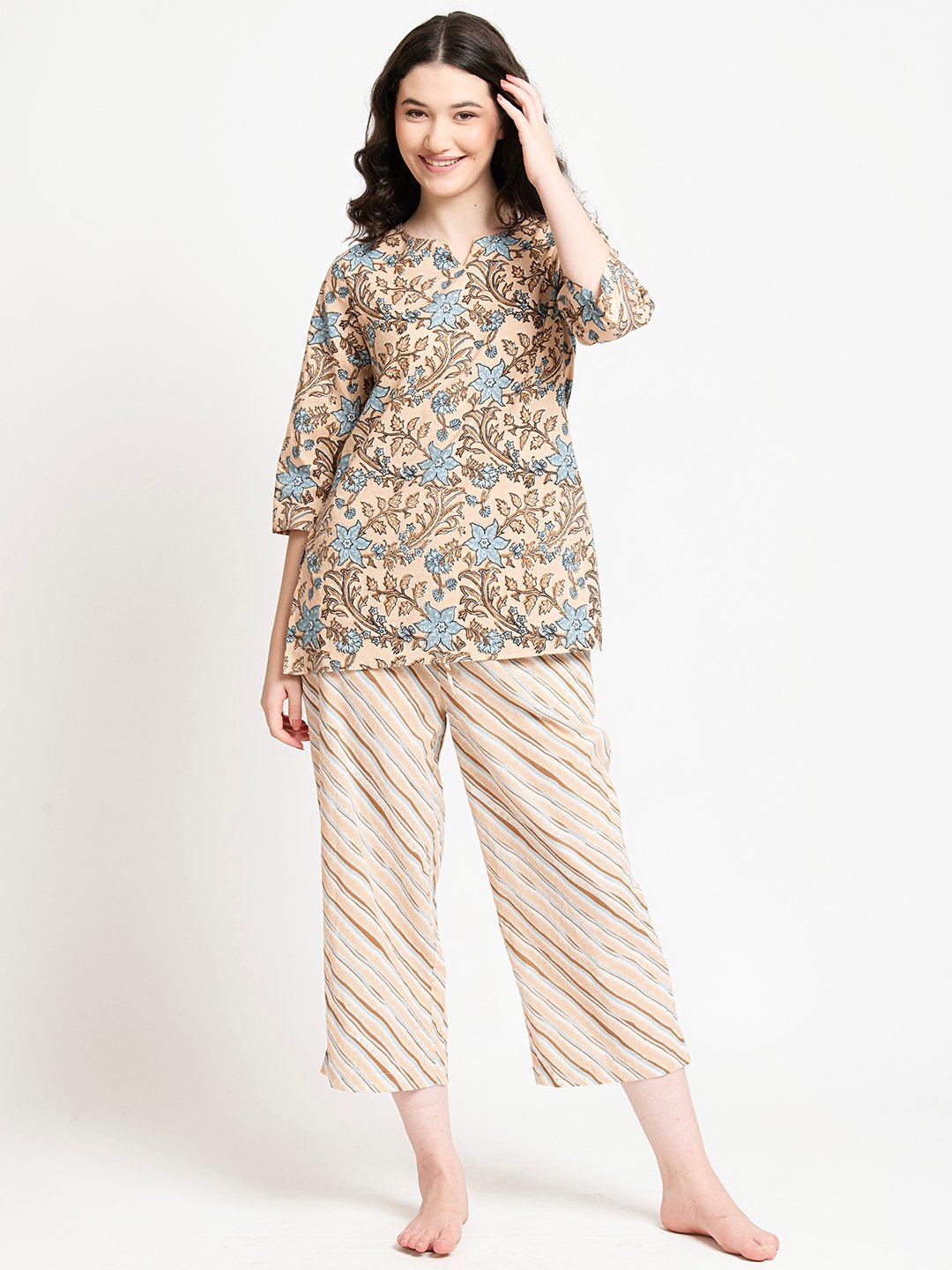 BEIGE AND ICE BLUE JAAL PAJAMA SET