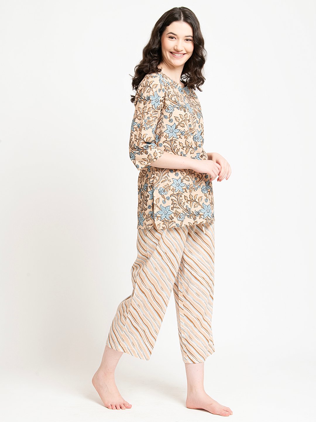 BEIGE AND ICE BLUE JAAL PAJAMA SET