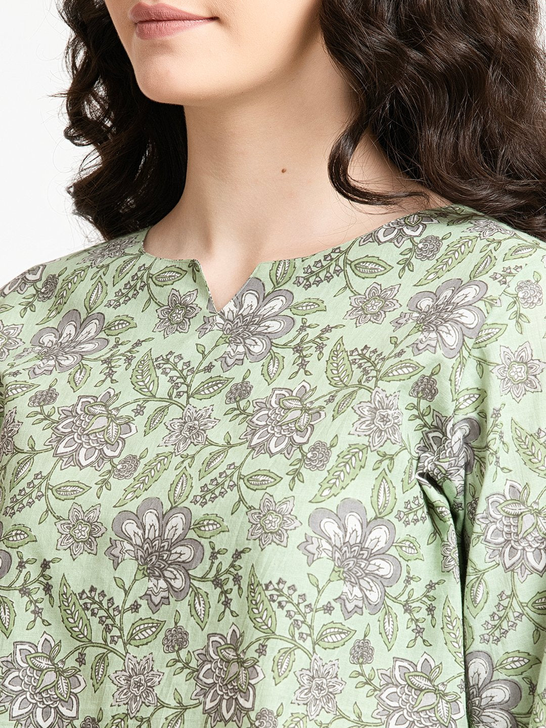 Green floral print cotton kurta with V-neck, elegant women's wear for daily or office use