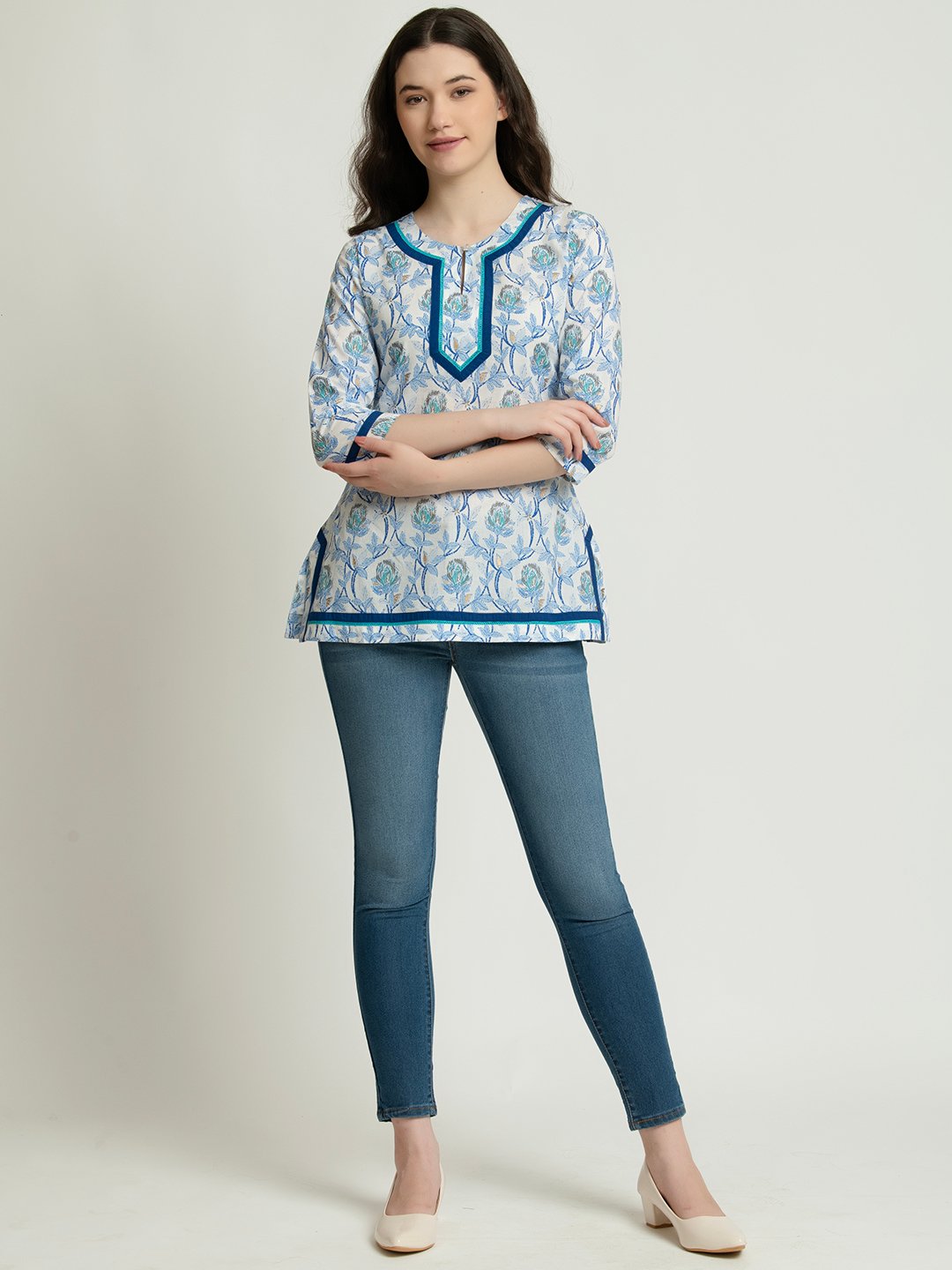 BLUE FLORAL PRINTED TUNIC