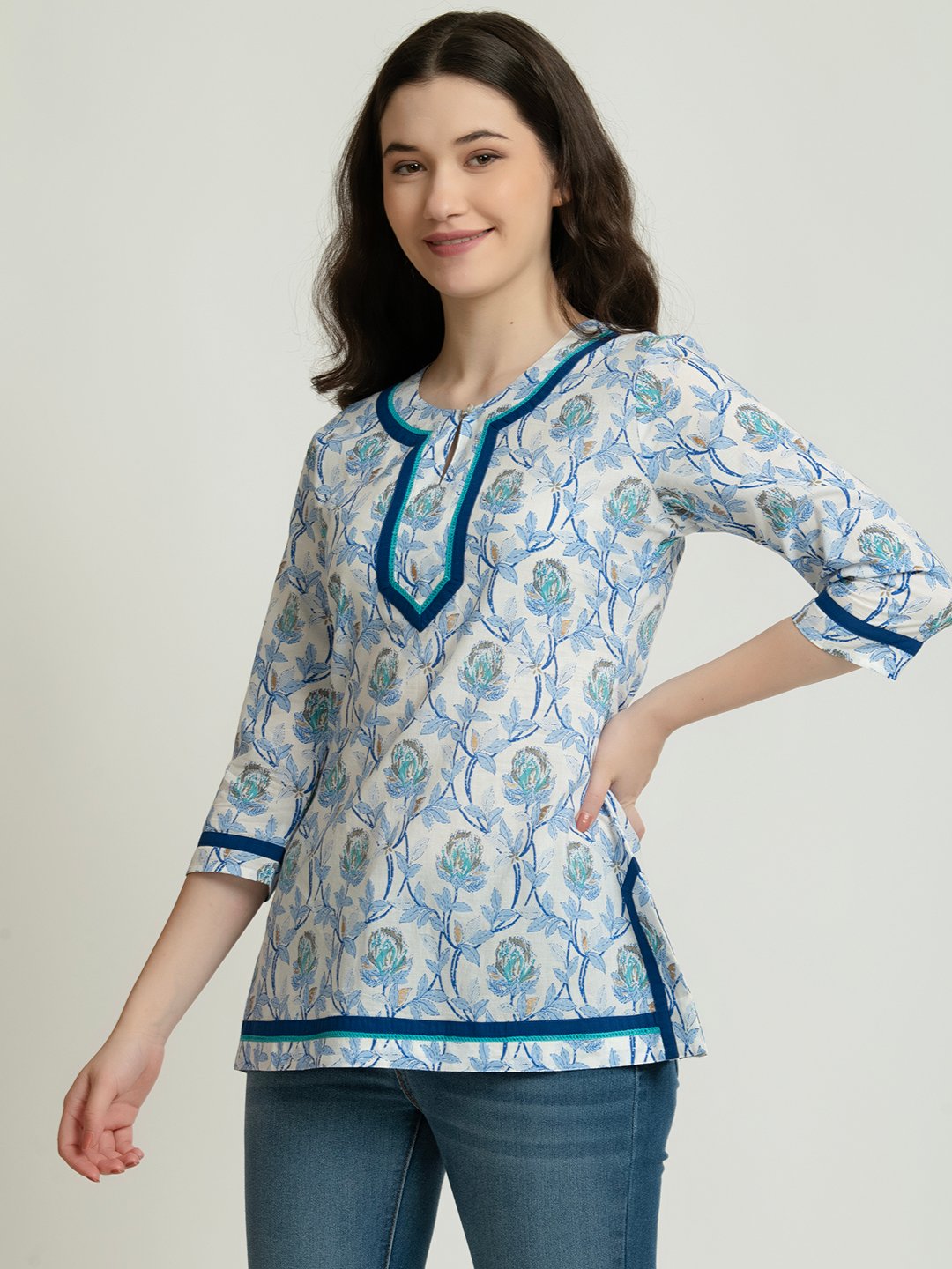 BLUE FLORAL PRINTED TUNIC