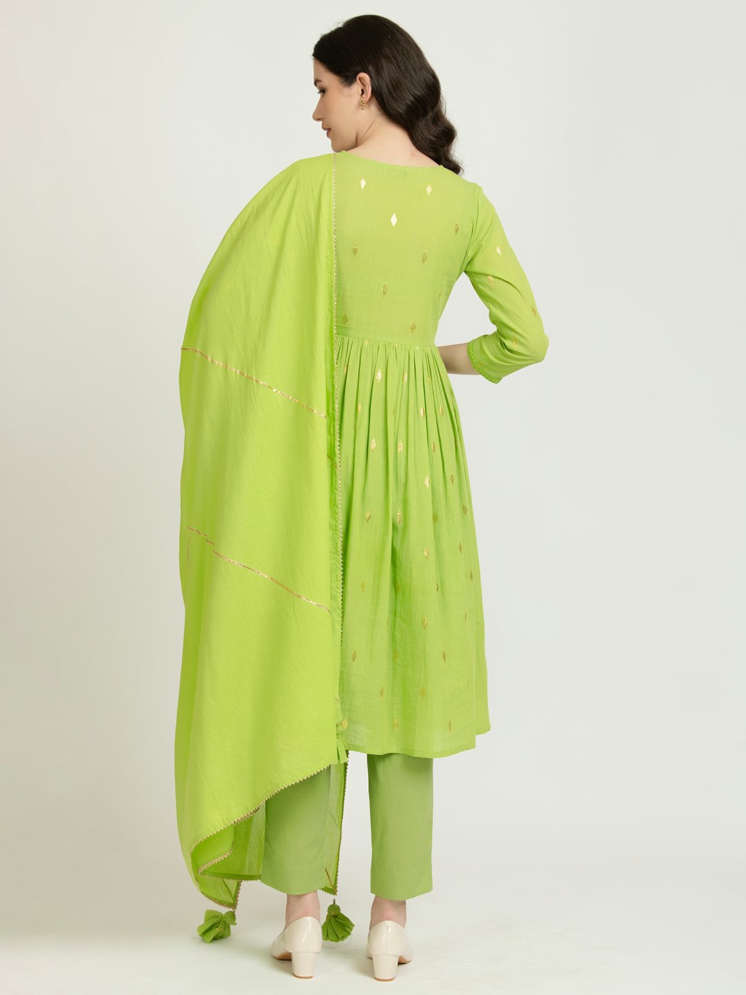 PARROT GREEN COTTON LUREX LONG KURTA AND PANT SET