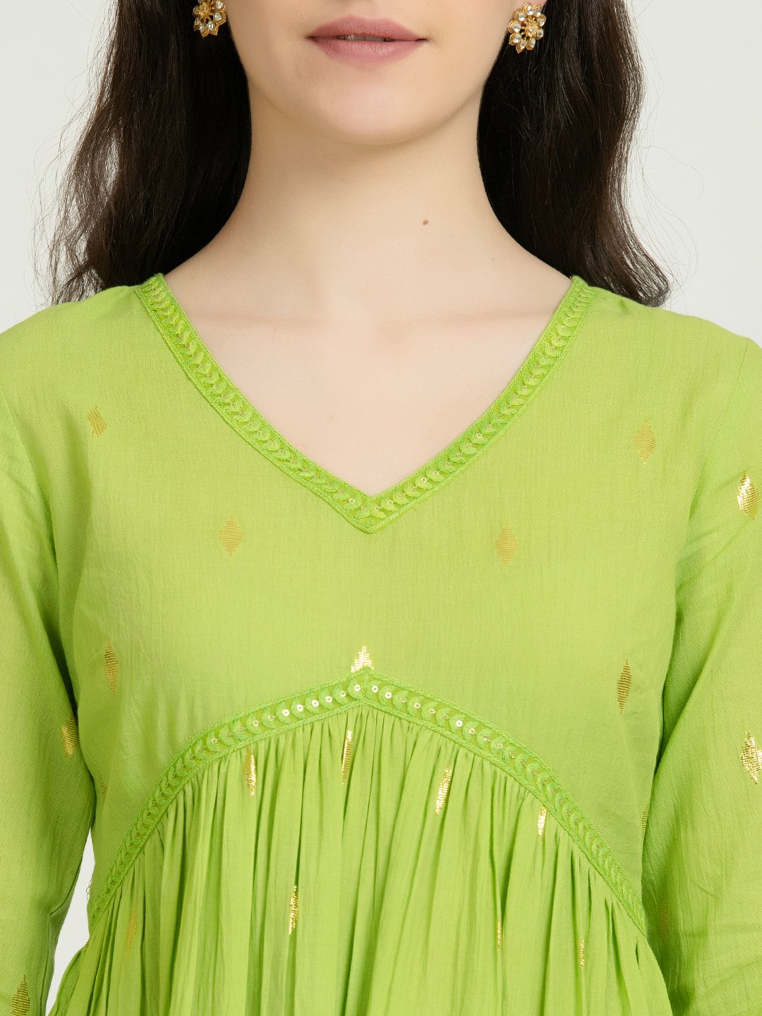 PARROT GREEN COTTON LUREX LONG KURTA AND PANT SET
