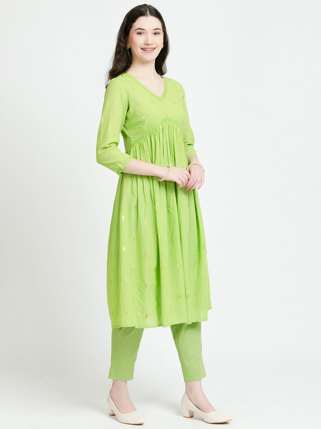 PARROT GREEN COTTON LUREX LONG KURTA AND PANT SET