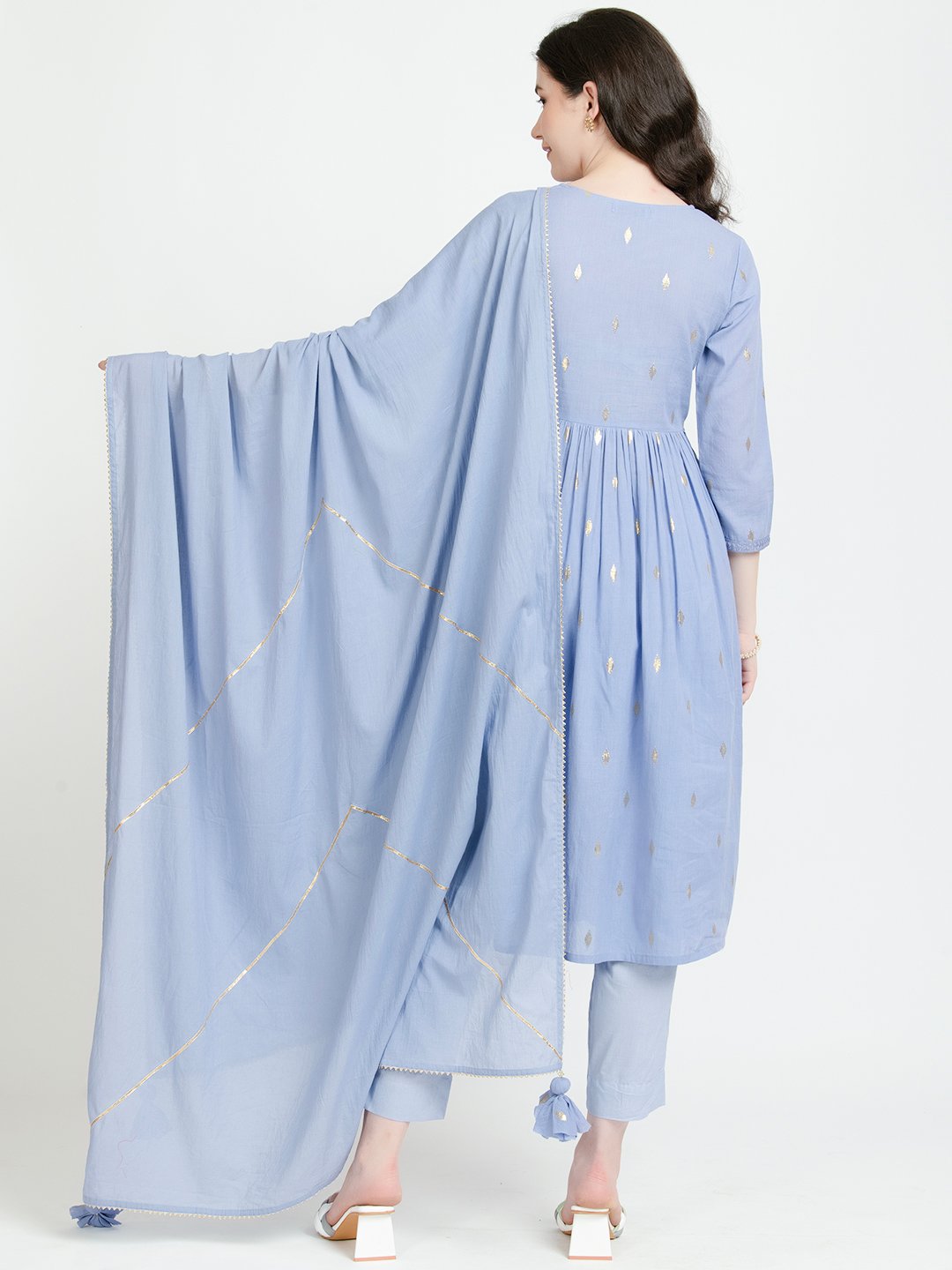 ICE BLUE COTTON LUREX LONG KURTA AND PANT SET