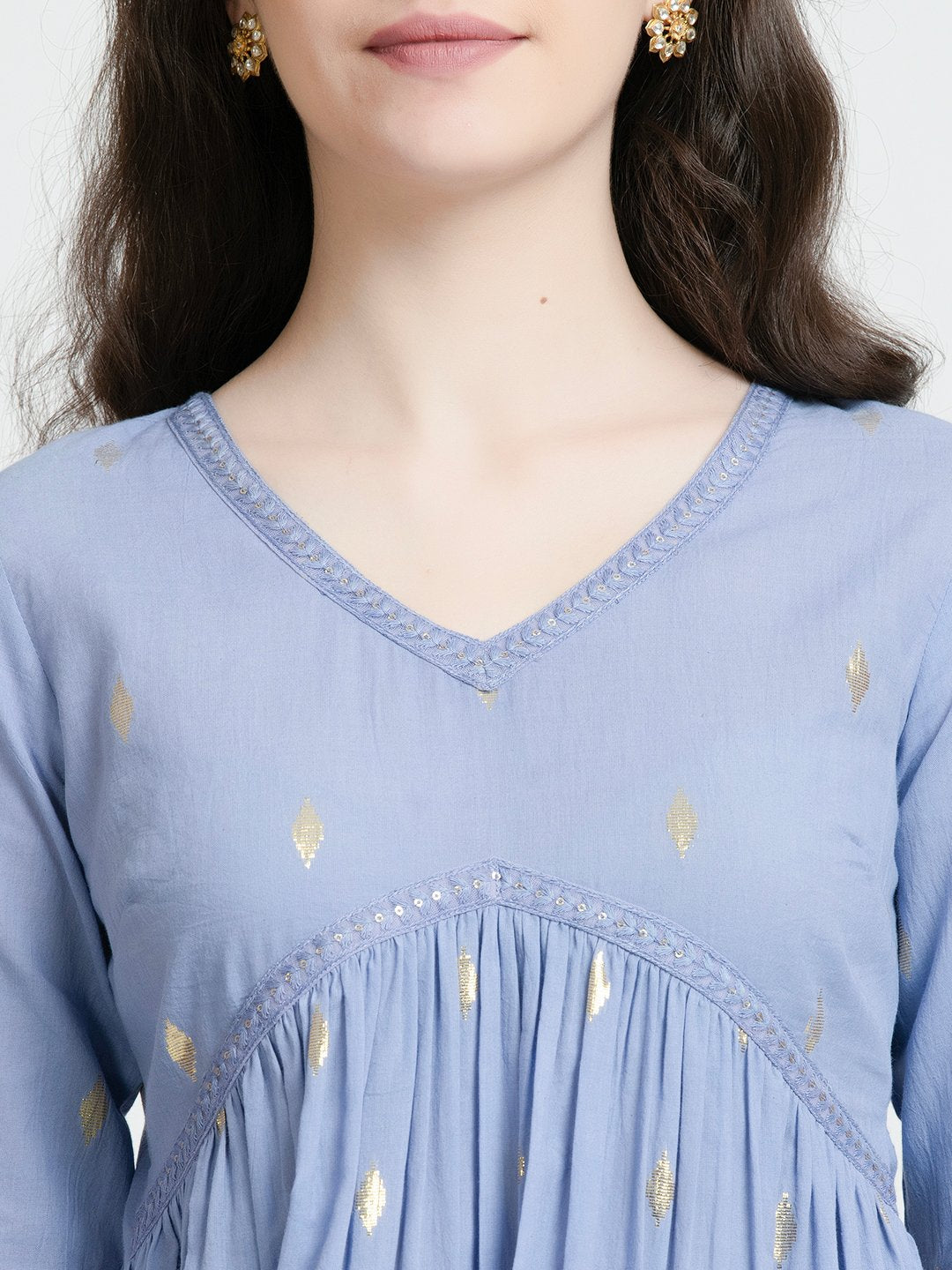 ICE BLUE COTTON LUREX LONG KURTA AND PANT SET
