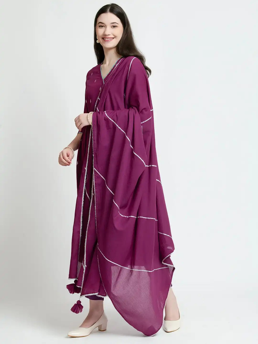 Purple cotton kurta set with white embroidery, ideal for daily wear or office