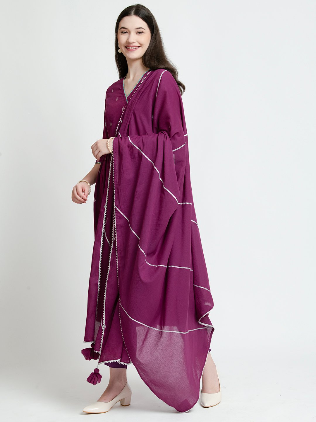 Purple cotton kurta set with white embroidery, ideal for daily wear or office