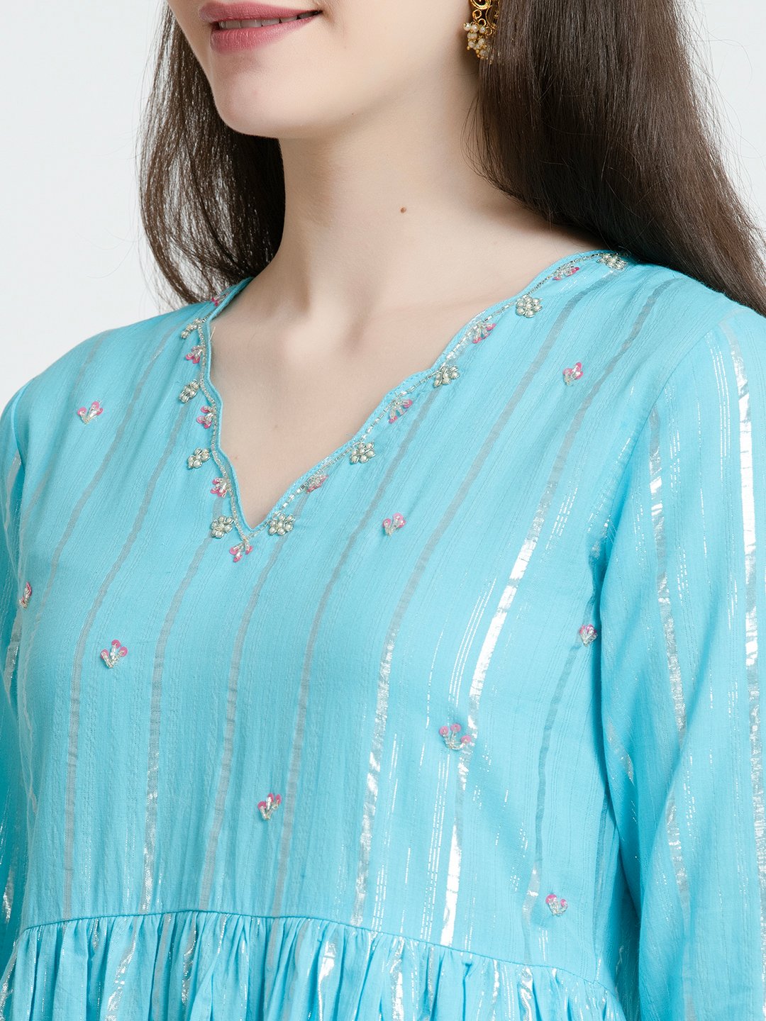 SKY BLUE COTTON LUREX KURTA, PANTS WITH DUPATTA – SET OF 3