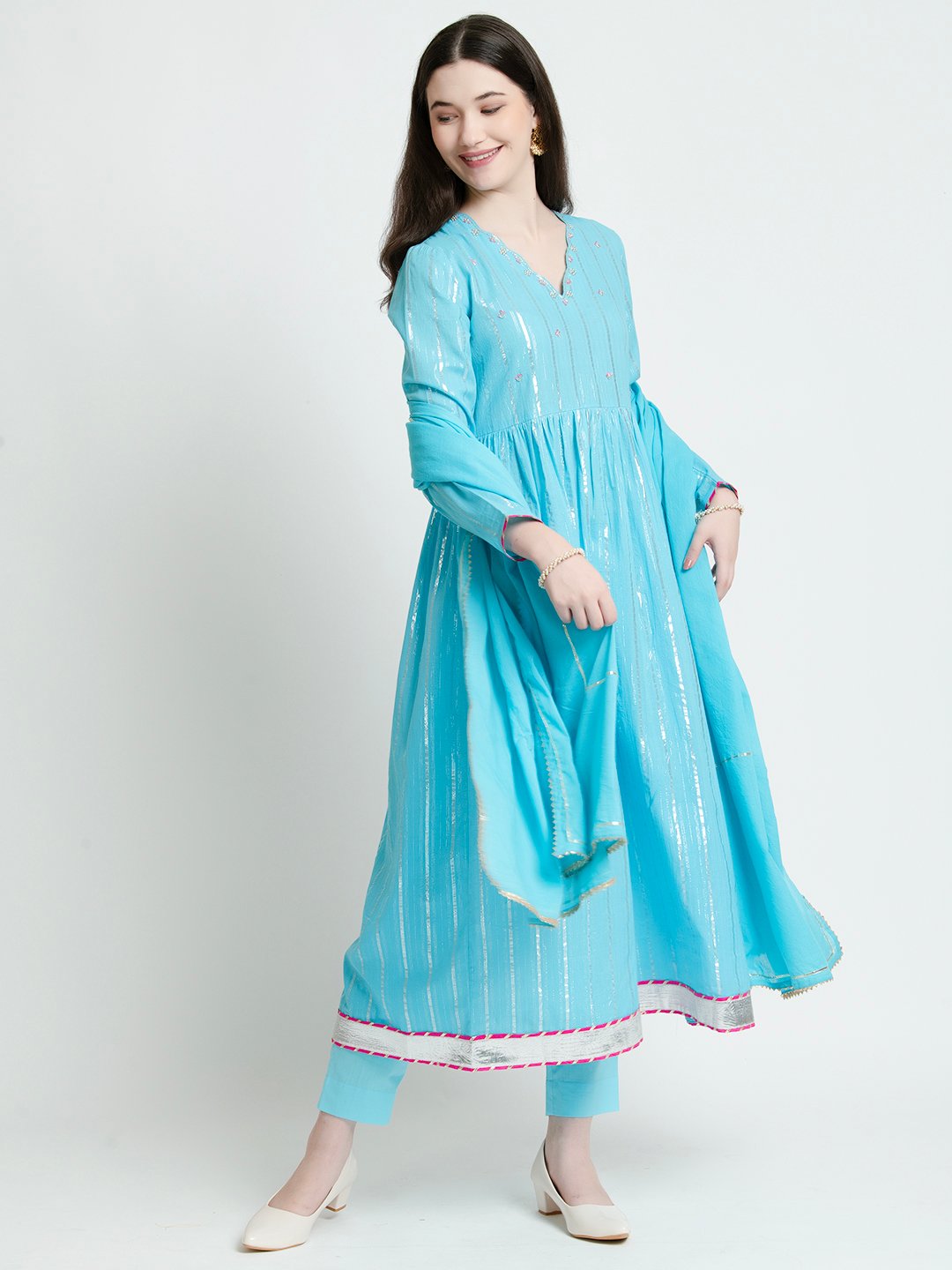 Turquoise cotton kurta set with silver stripes and pink trim, perfect for daily wear or celebrations