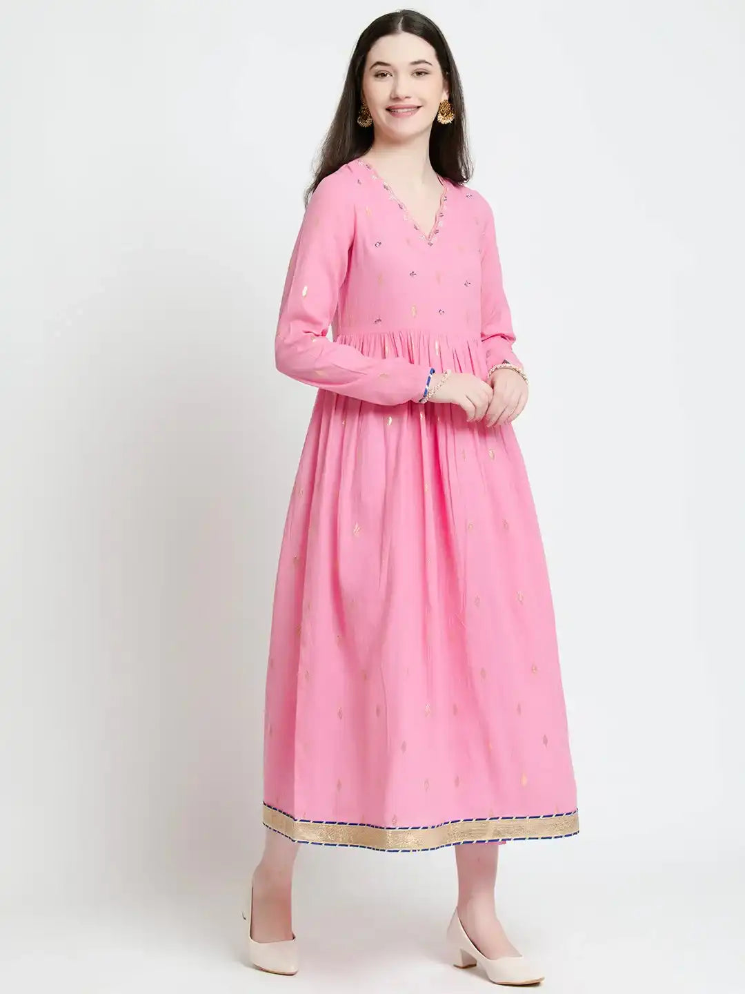Pink cotton kurta with gold embroidery and V-neck, elegant for daily wear or celebrations