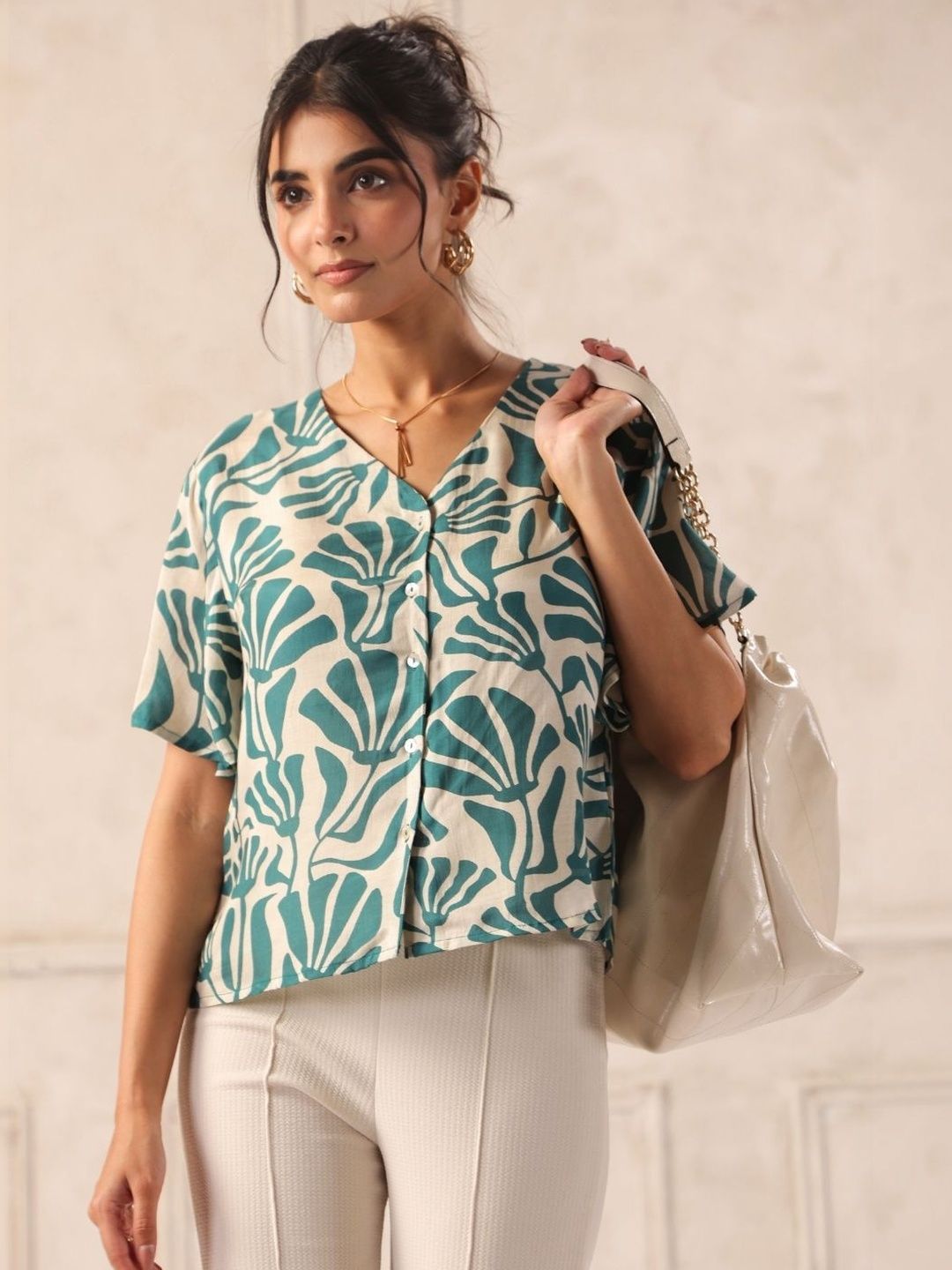 Teal Tropical Print Viscose Flutter Sleeve V-Neck Top for Women