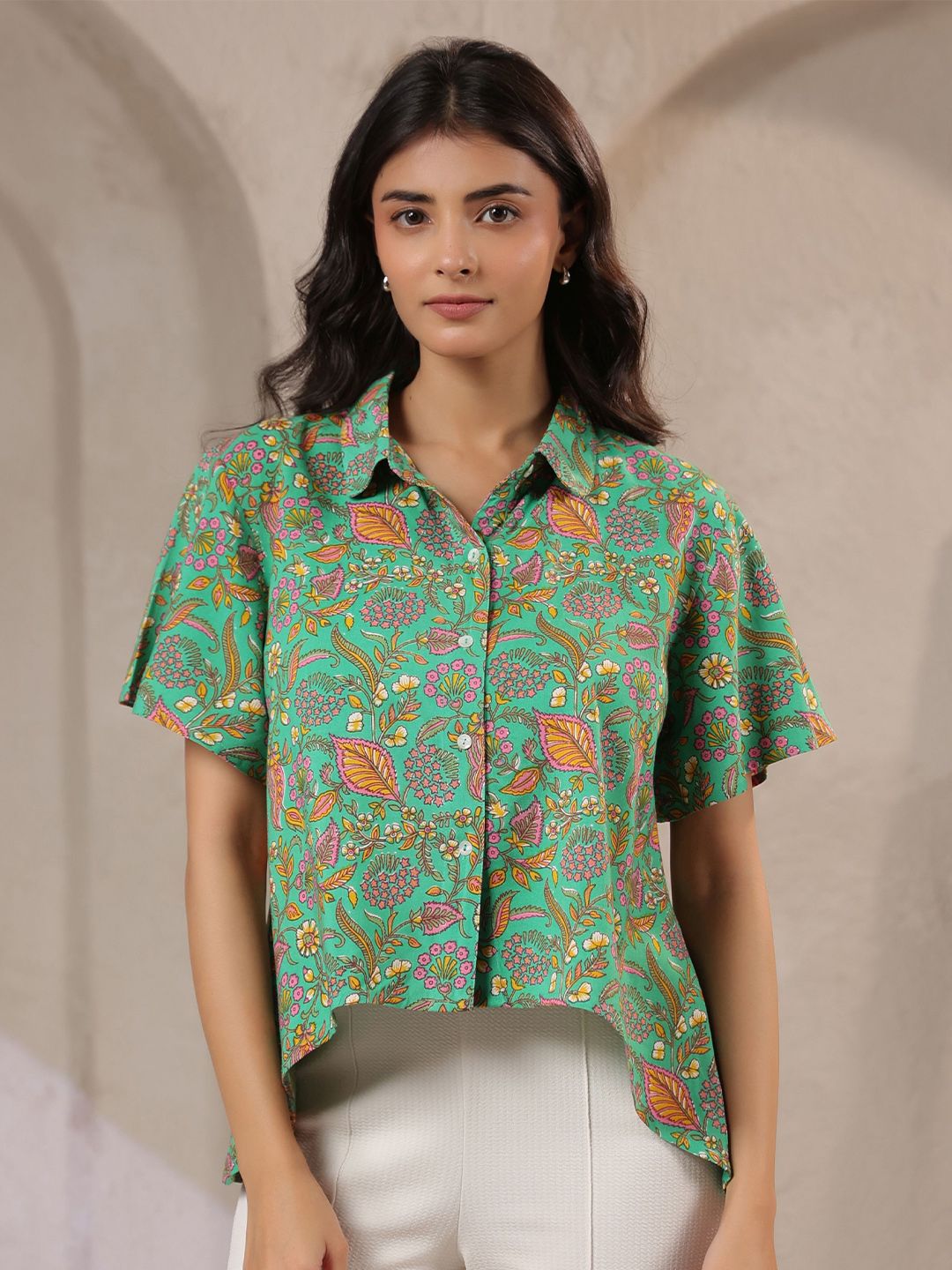 Sea Green Floral Shirt with Flared Sleeves
