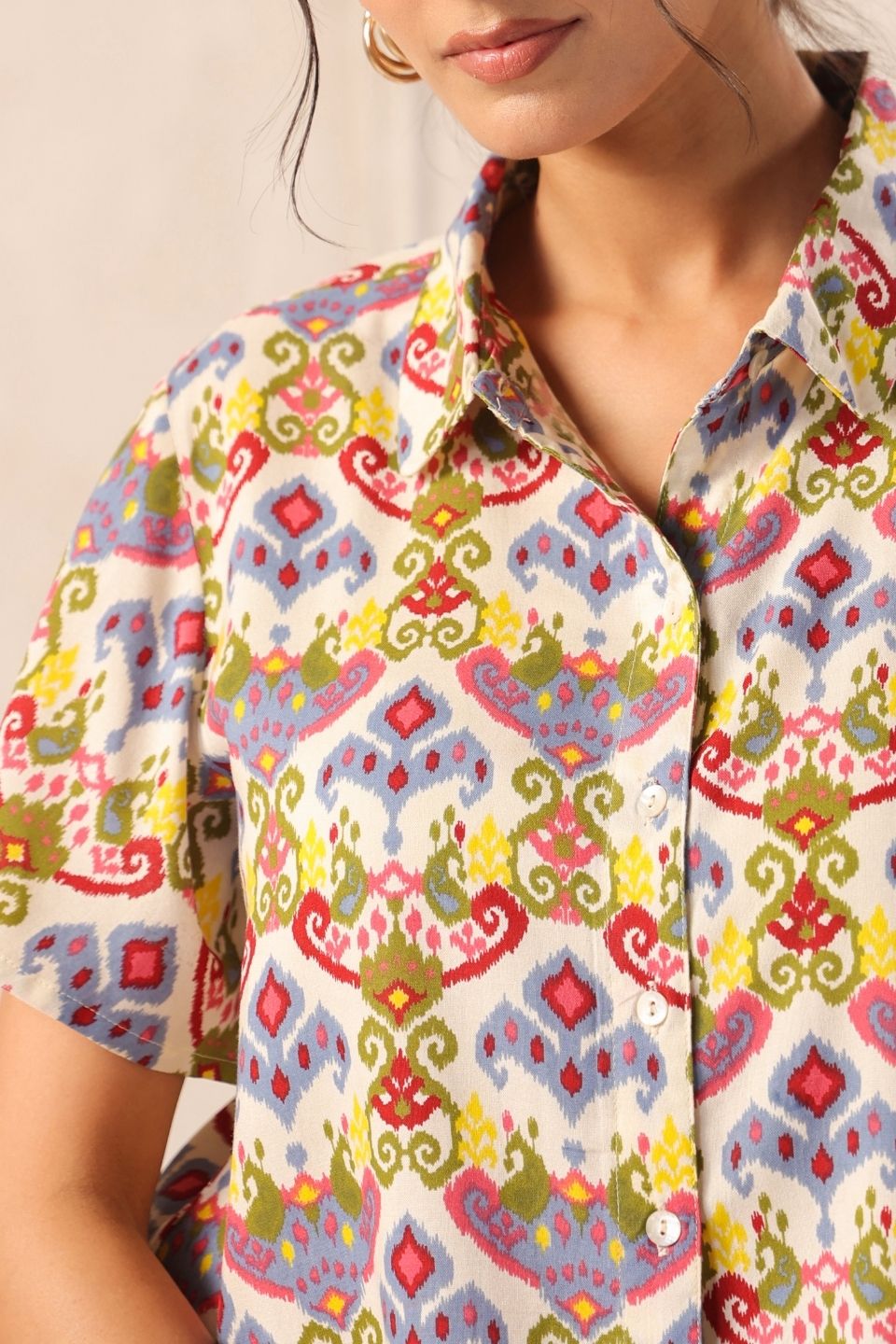 whiteikatviscoseshirtforwomenfabricdetaling - VyomTara