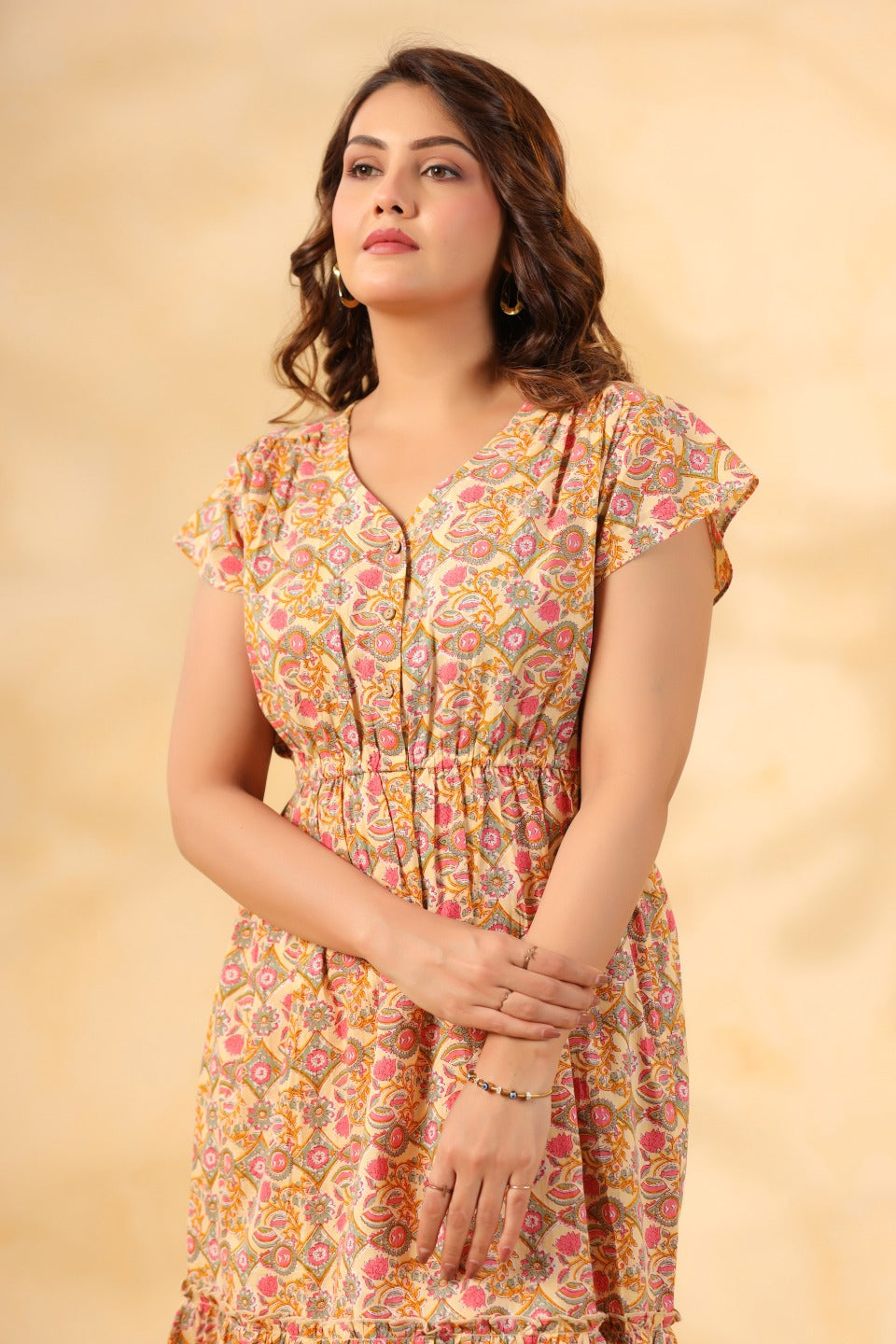 Woman in floral print cotton kurta dress, elegant daily wear for women