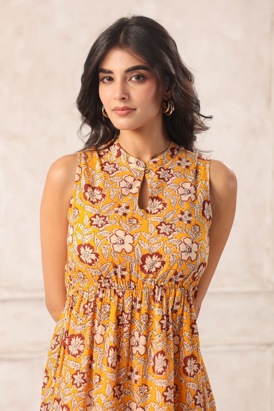 yellowbatikmididresscloserviewcottonflaredsleeveless - VyomTara