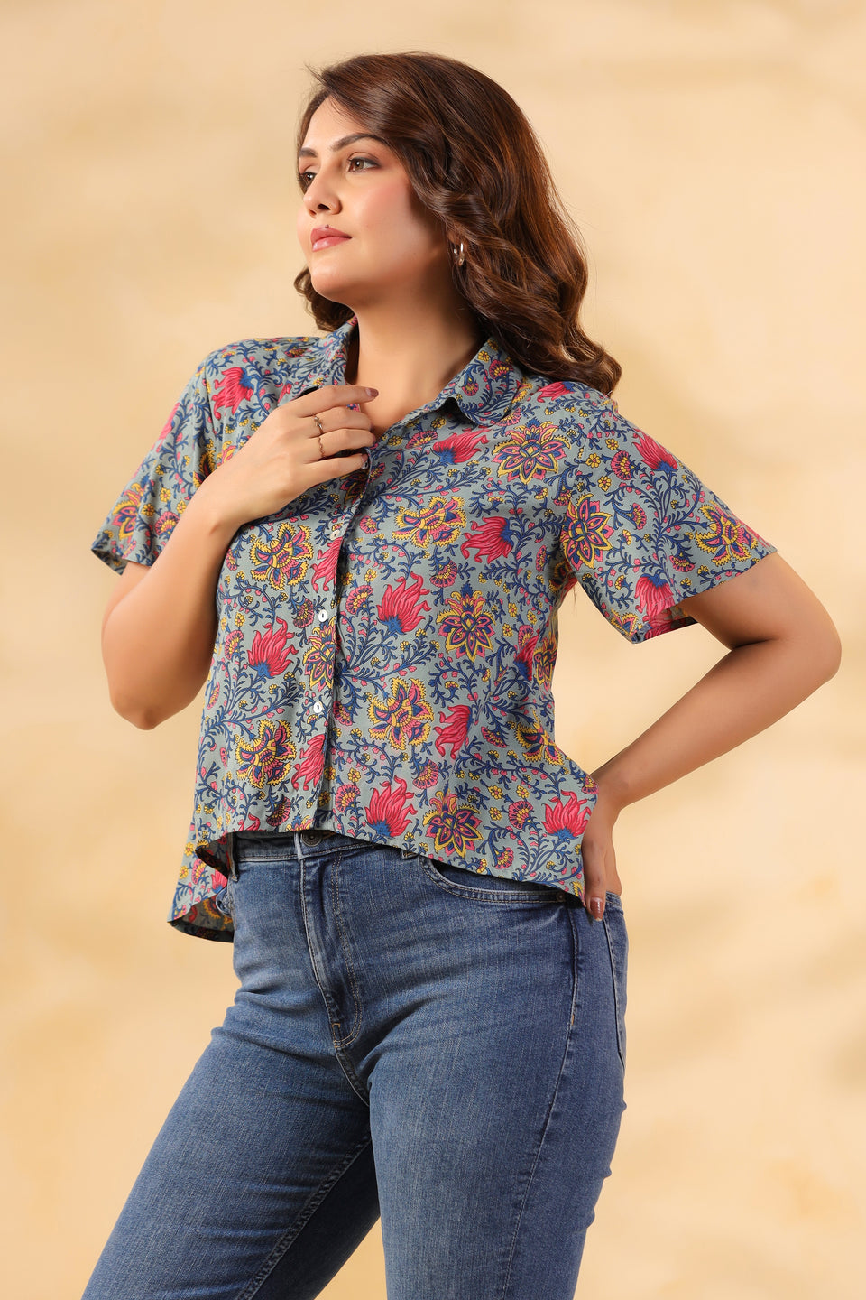 Cool Gray Floral Print Shirt