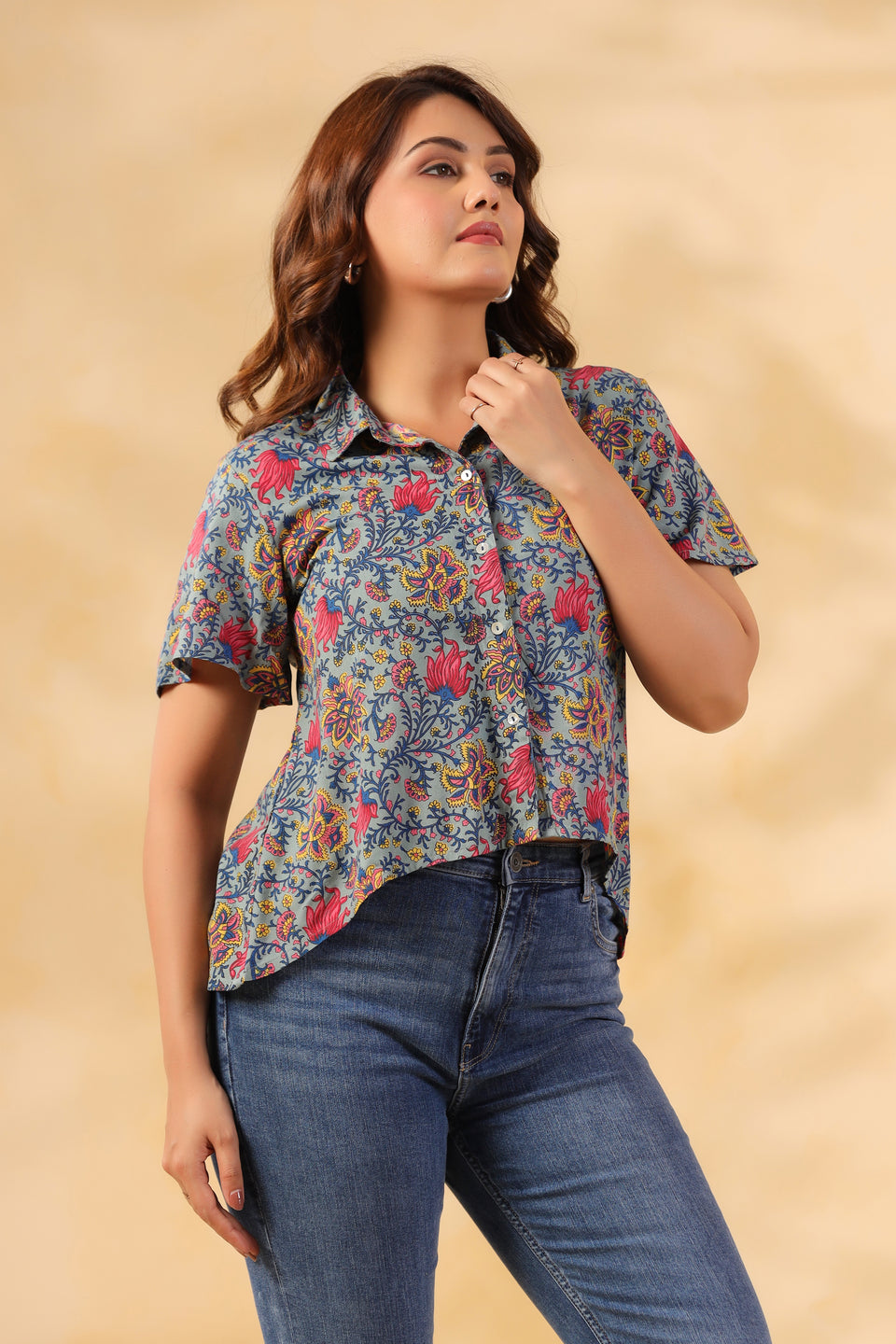 Cool Gray Floral Print Shirt
