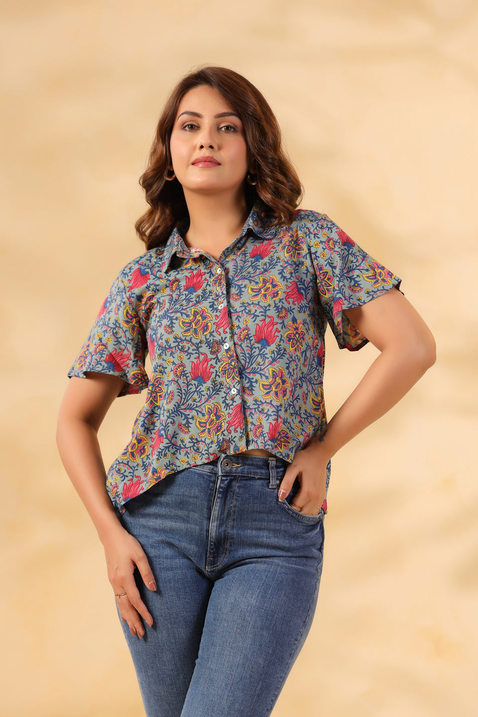 Cool Gray Floral Print Shirt