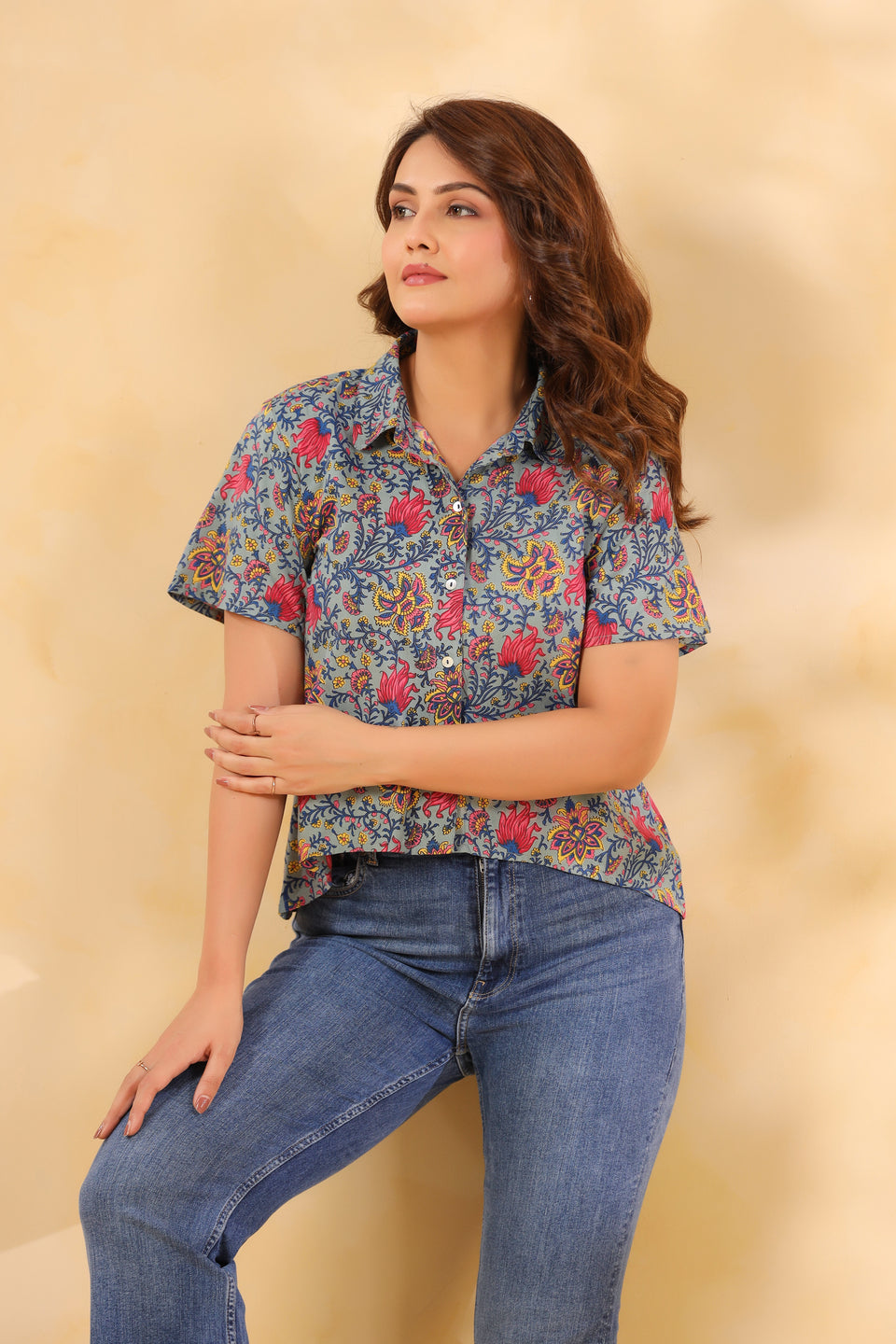 Cool Gray Floral Print Shirt