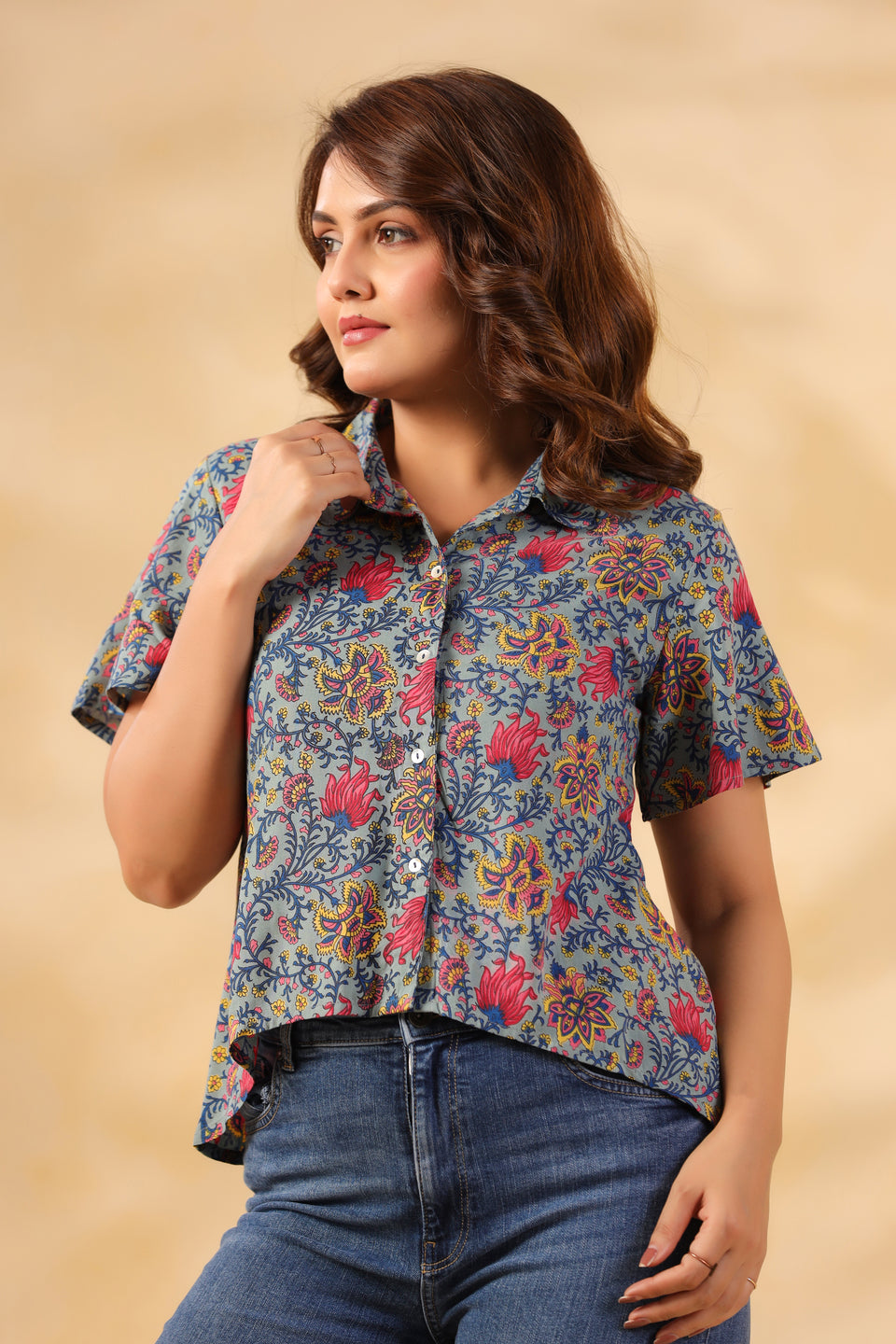 Cool Gray Floral Print Shirt
