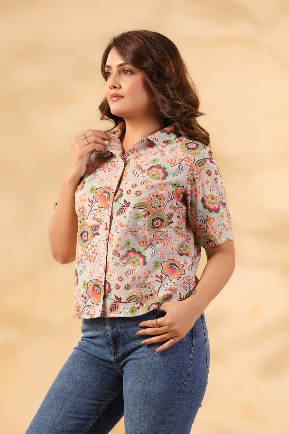 Warm Grey Floral Cotton Shirt