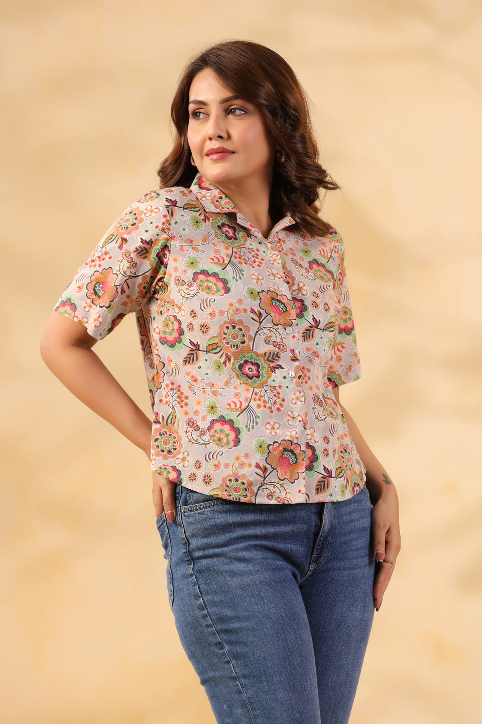 Warm Grey Floral Cotton Shirt