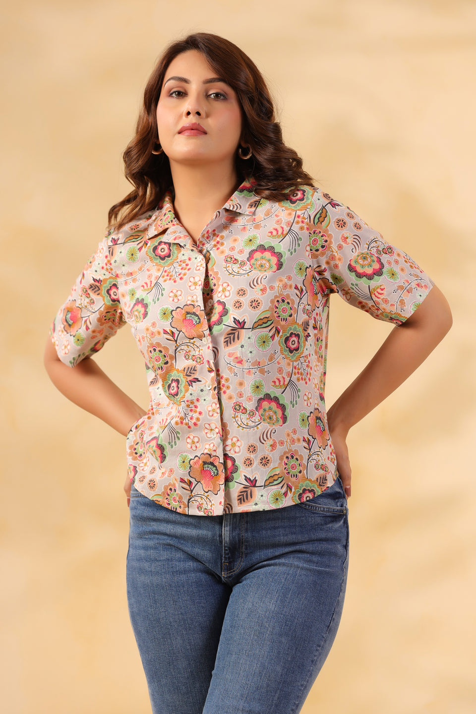 Warm Grey Floral Cotton Shirt