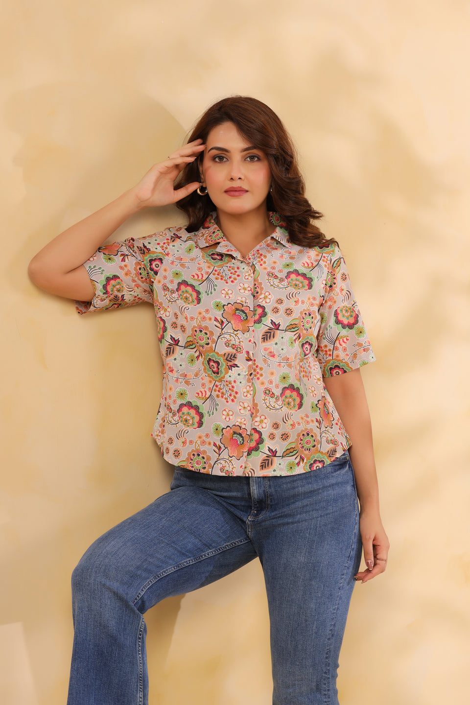 Warm Grey Floral Cotton Shirt