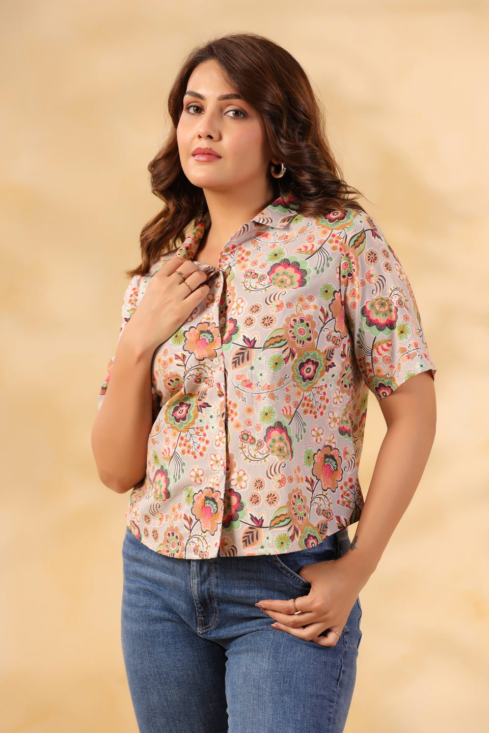 Warm Grey Floral Cotton Shirt