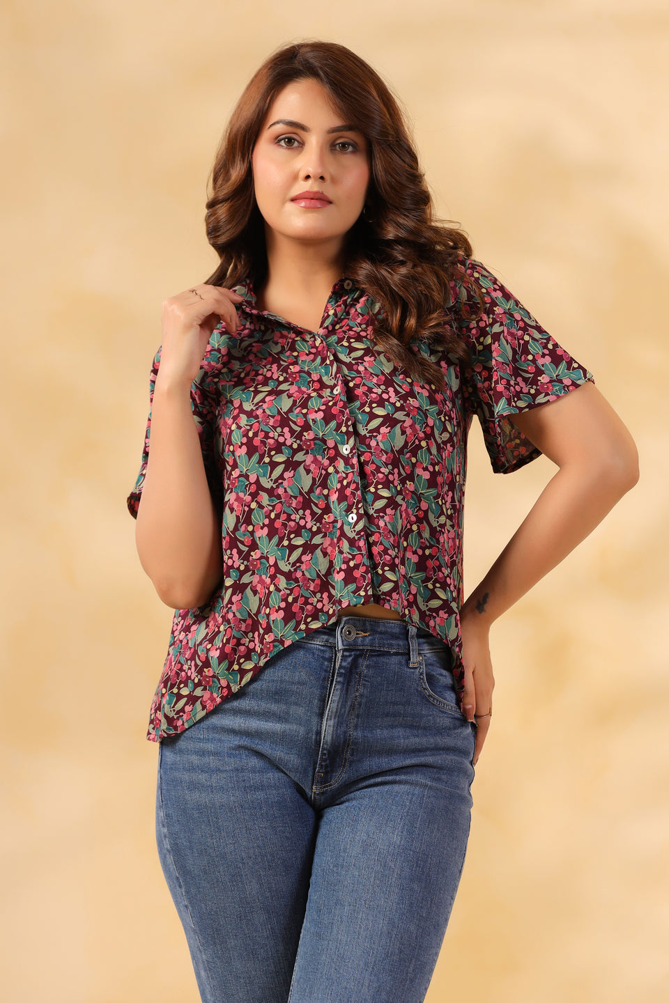 Burgundy Floral Crop Shirt