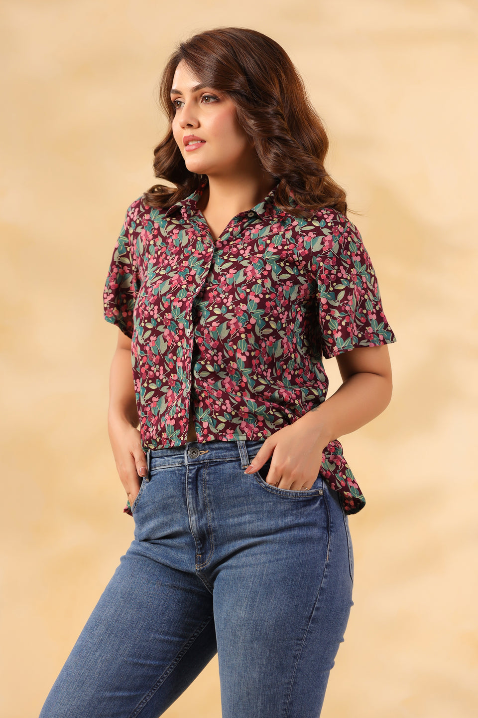 Burgundy Floral Crop Shirt