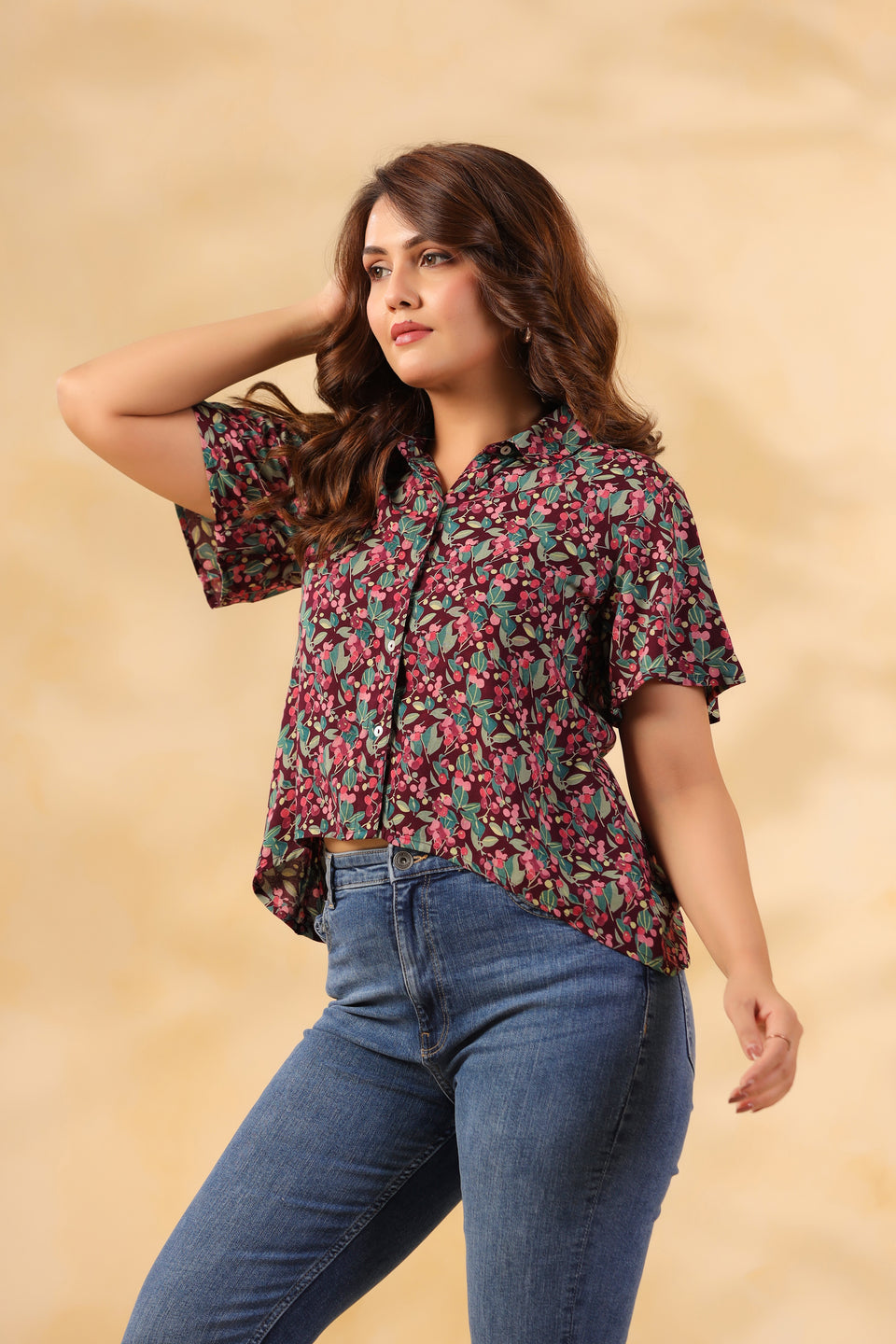 Burgundy Floral Crop Shirt