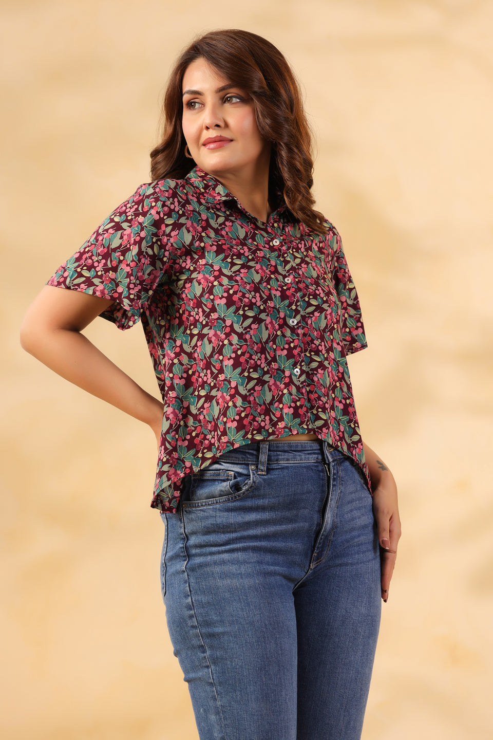 Burgundy Floral Crop Shirt