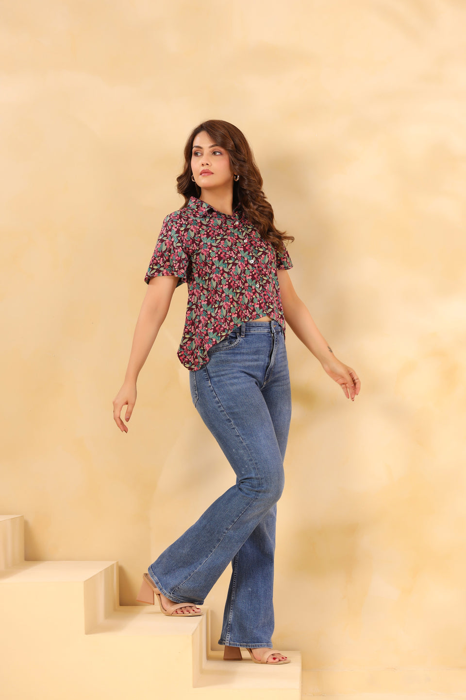 Burgundy Floral Crop Shirt
