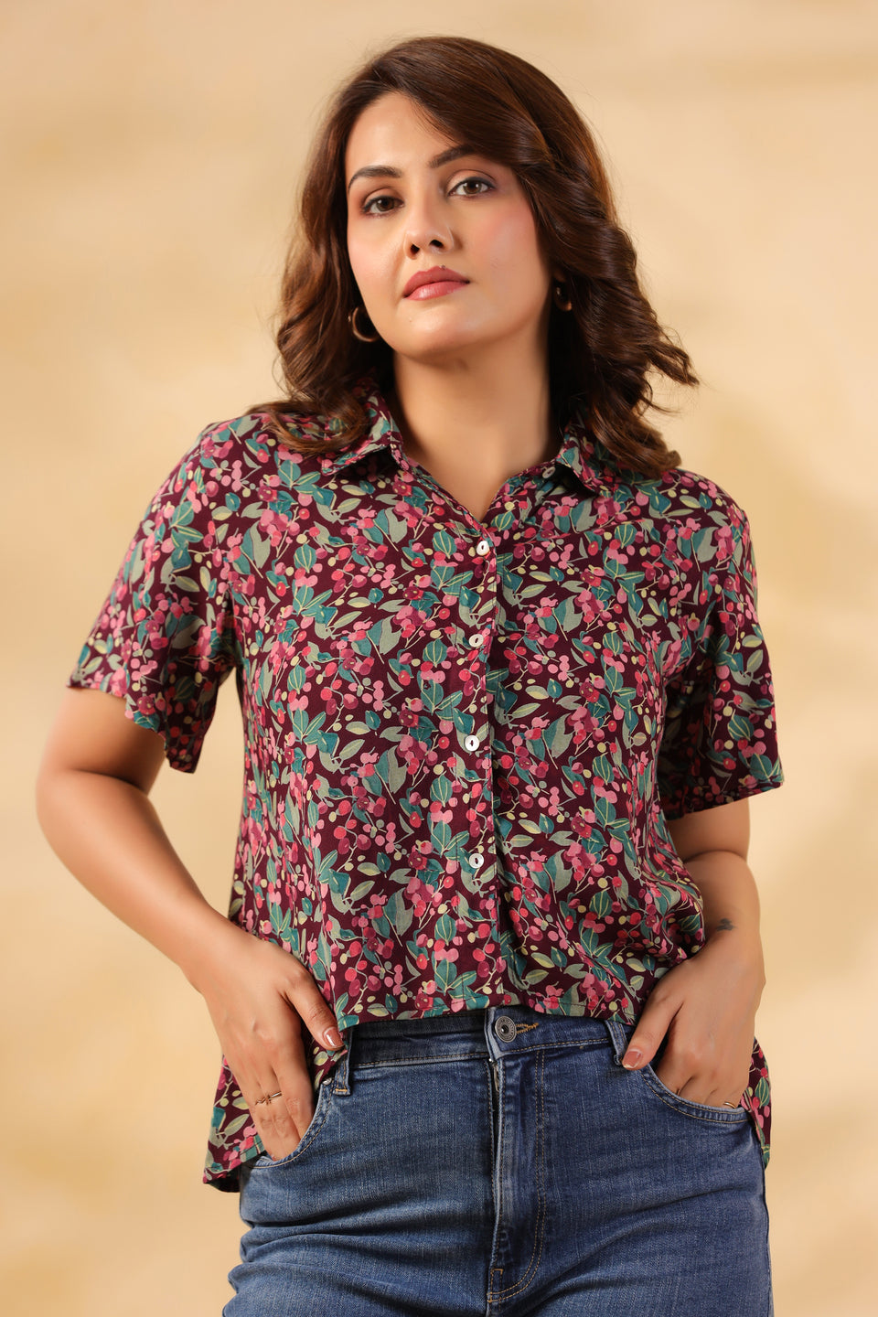 Burgundy Floral Crop Shirt