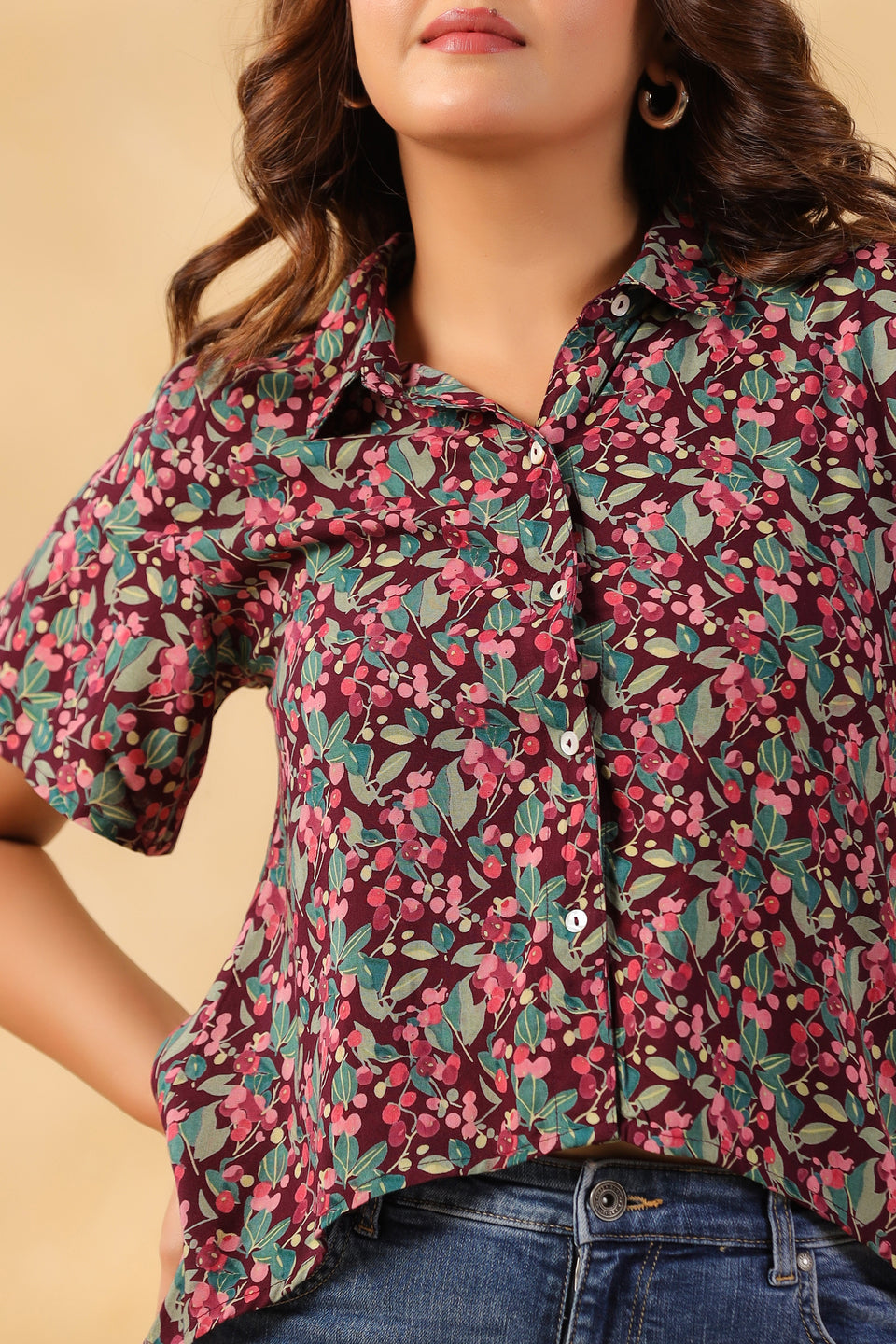 Burgundy Floral Crop Shirt