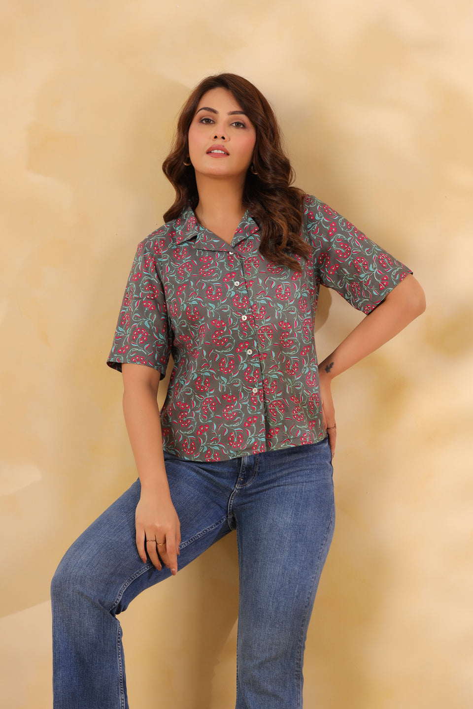 Grey Floral Print Shirt