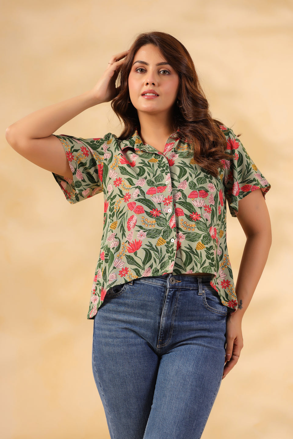 Sage Green Floral Crop Shirt
