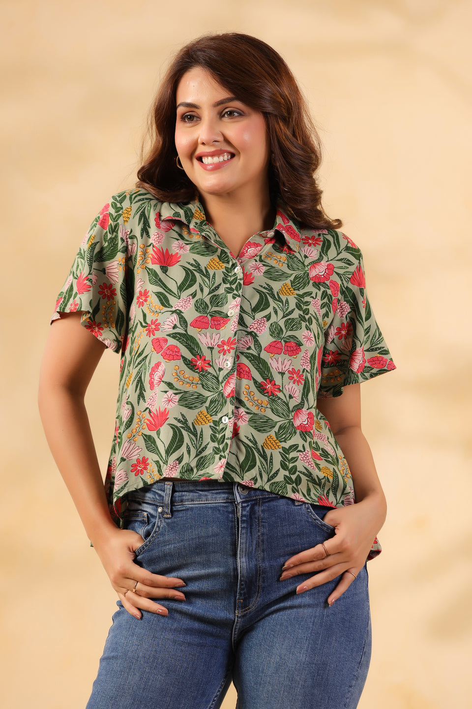 Sage Green Floral Crop Shirt