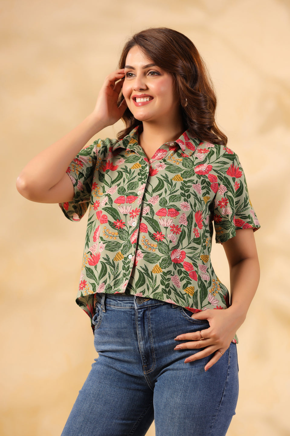 Sage Green Floral Crop Shirt