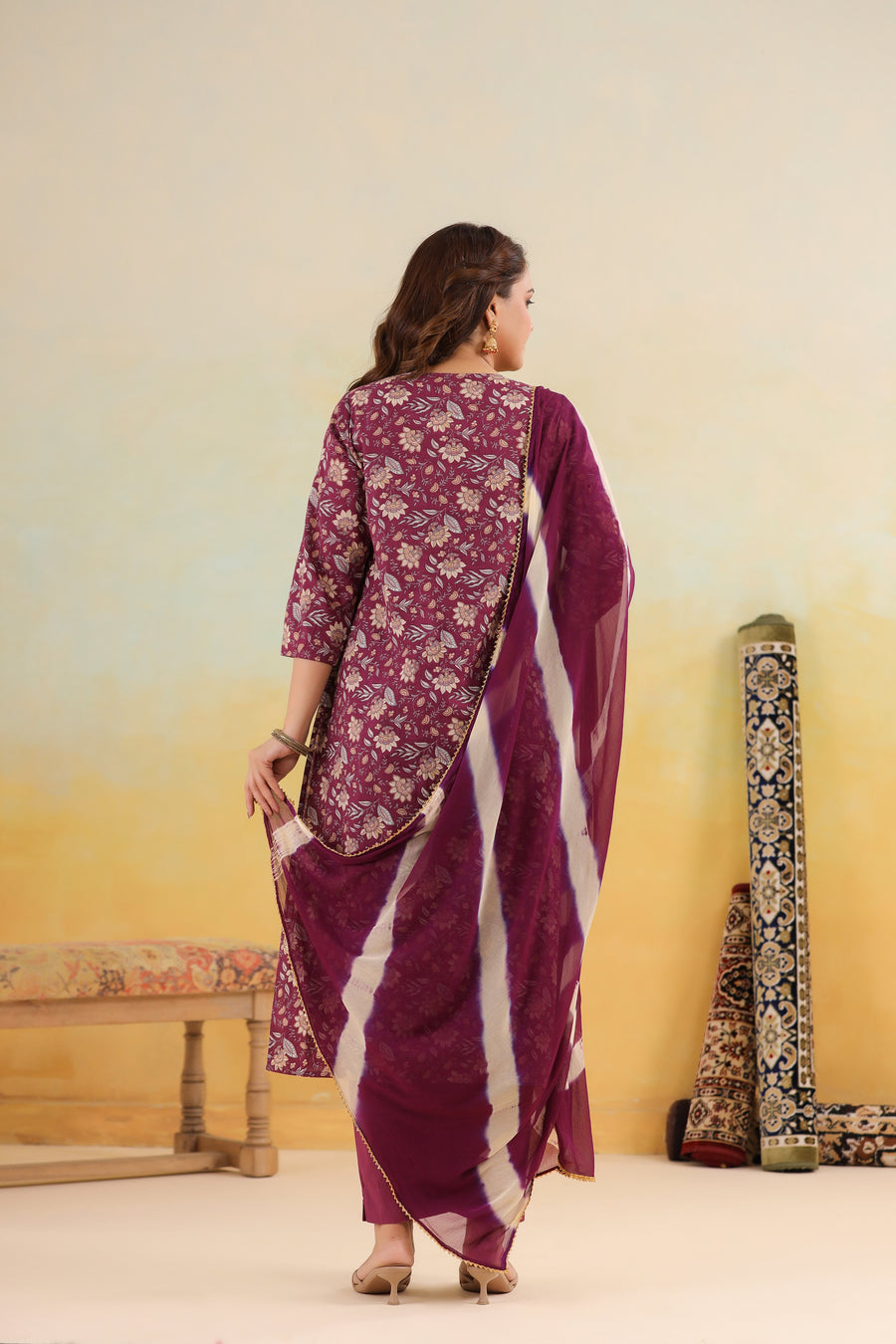 Plum Purple Emroidered Cotton Suit Set With Dupatta