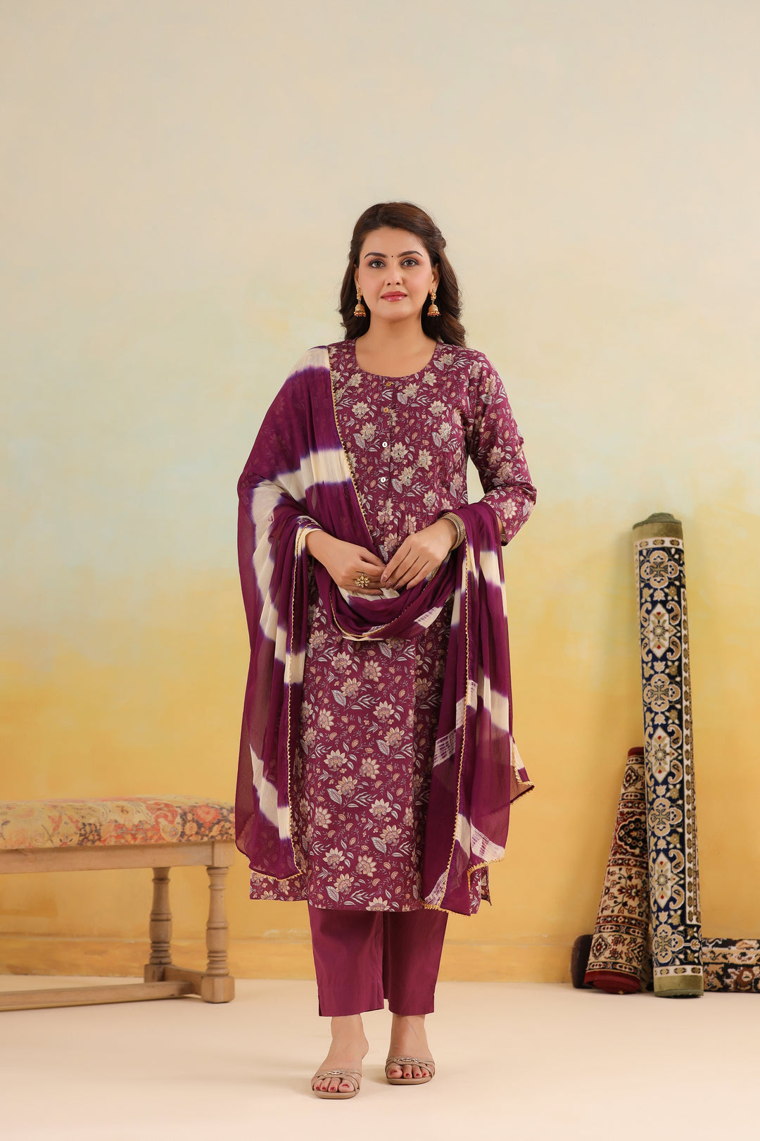 Purple floral print cotton kurta set with tie-dye dupatta for women, elegant daily wear