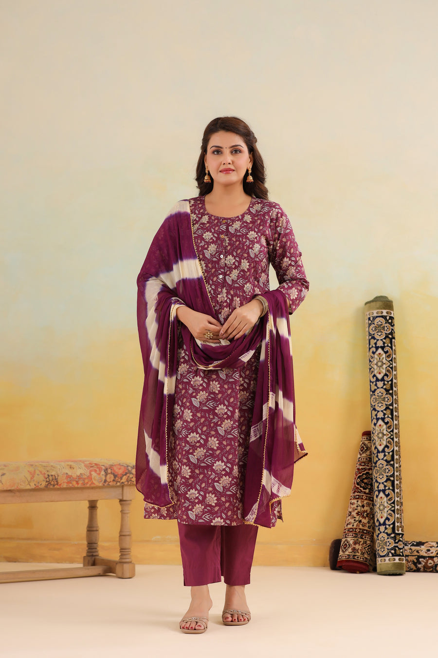 Purple floral print cotton kurta set with tie-dye dupatta for women, elegant daily wear